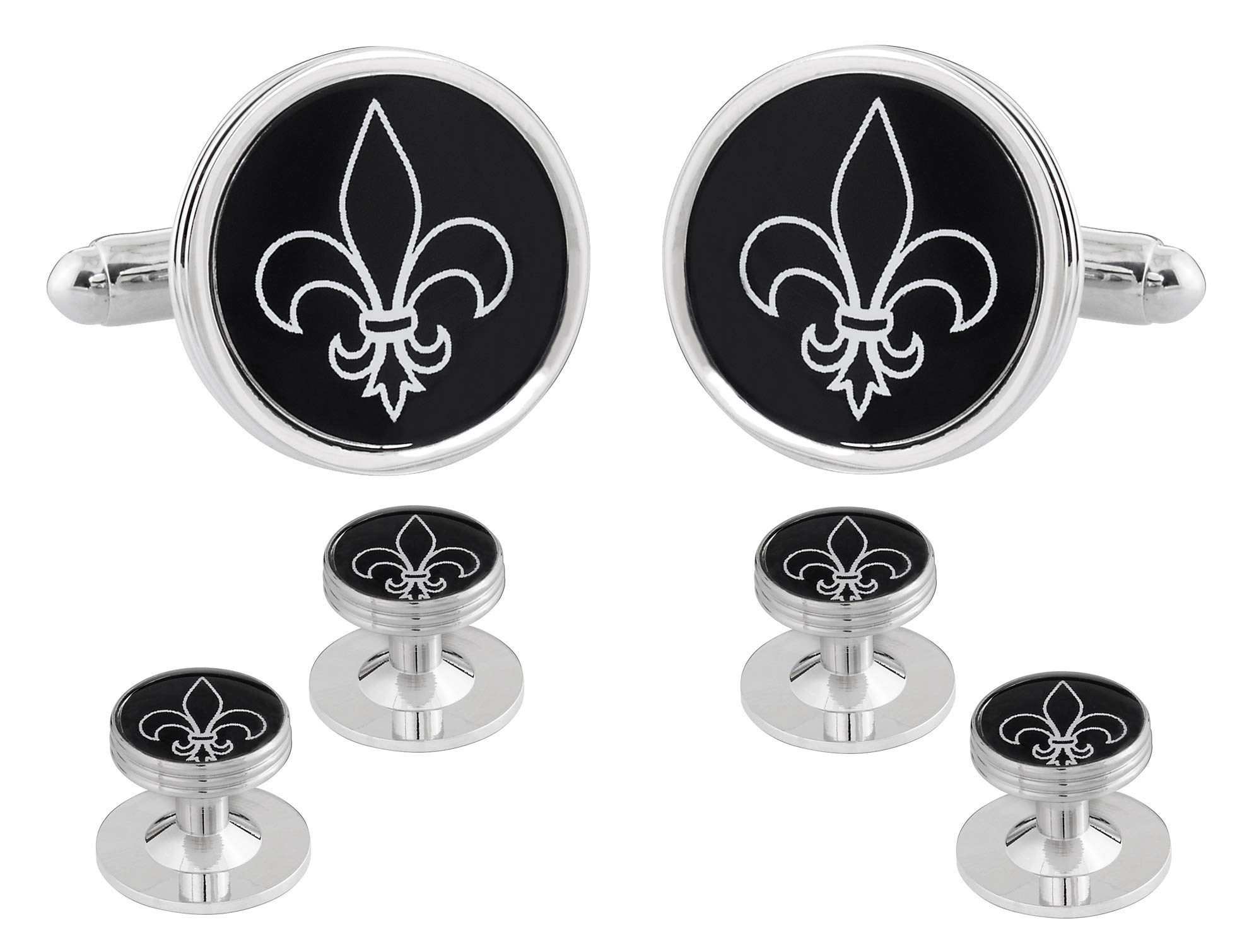 Fleur De Lys Cufflinks and Studs Formal Set Tuxedo in a Presentation Gift Box Black Fleur De Lis Silver Round Wedding, Silver-image-46