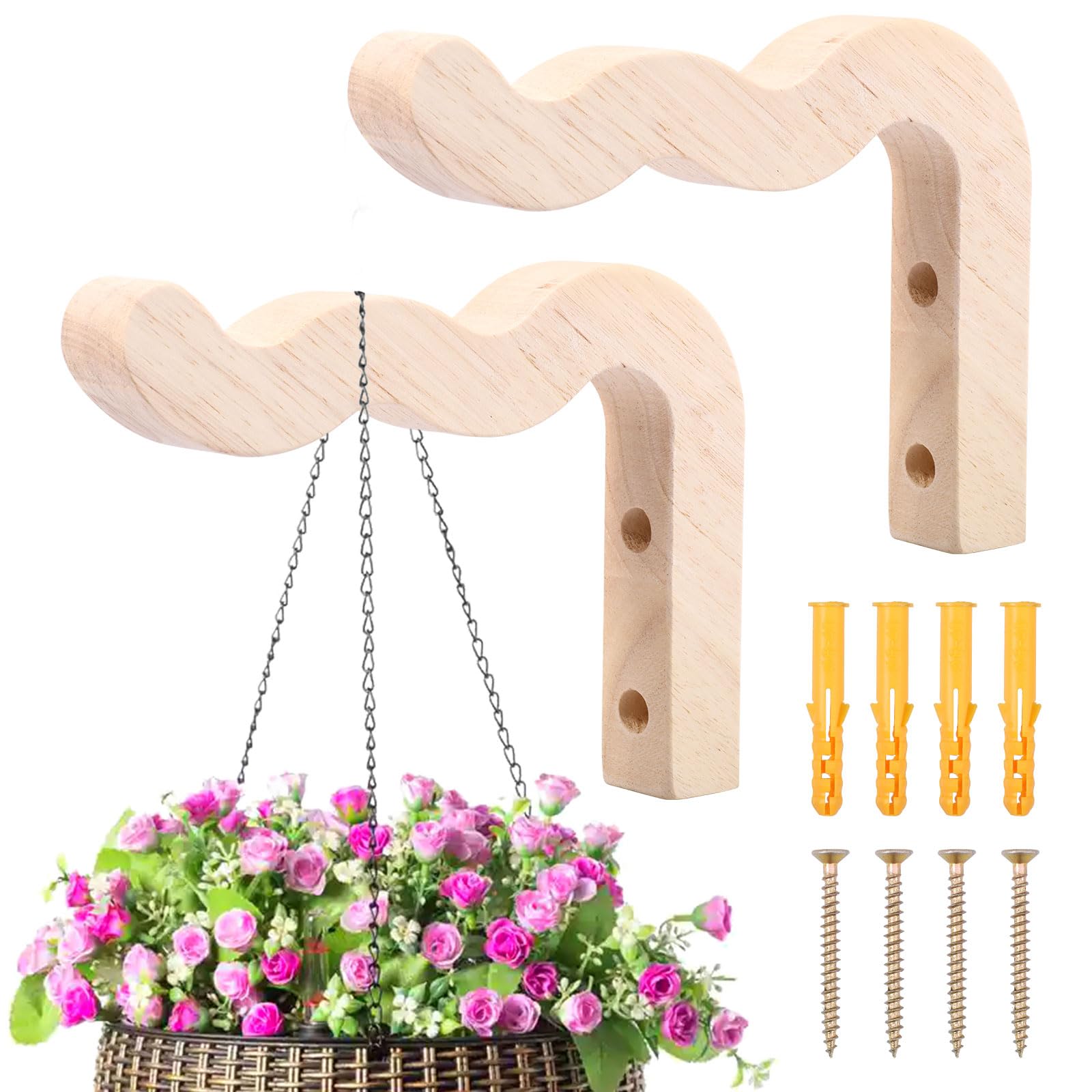 2Pcs Hanging Hook,Wooden Hanger Wall Hooks for Indoor Outdoor,17.3x13cm Plants Bracket Hooks with Screw Set for Lanterns Pot Wind Chimes Planter