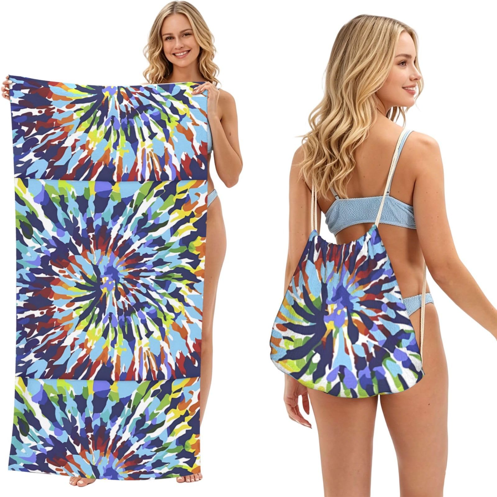 Poadnly As Picture Trippy Tye Dye, 2 In 1 Packable Towel Bag, Beach Towels With Drawstring Backpack For Travel Holiday Camping