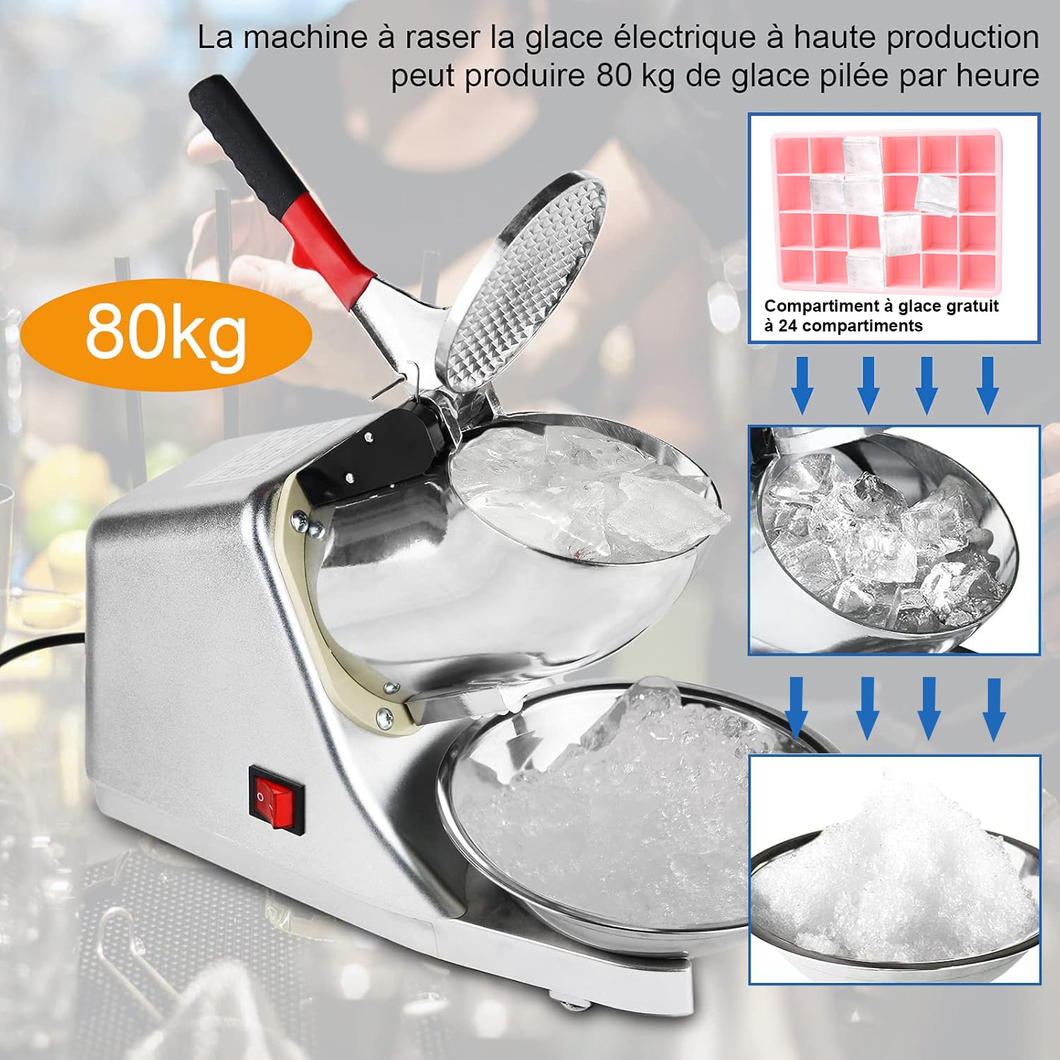 Broyeur à Glace Electrique,Machine à Glace pilée 300 W, 220 V-240 V,Snow Cone Maker Machin Volume de Glace concassée 65 kg/h,Convient à de commerce et de ménage(plata)