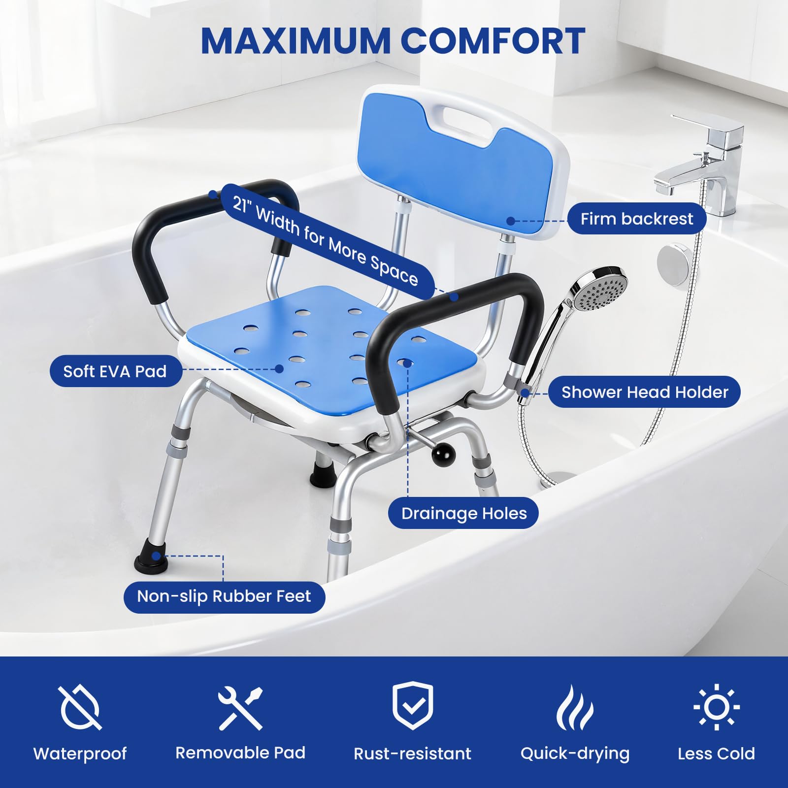 Silla de ducha giratoria de lujo con brazos y respaldo de 360°, asiento de bloqueo de 360°, altura ajustable de 5 niveles, silla de baño acolchada de alta resistencia, 300 libras, para personas
