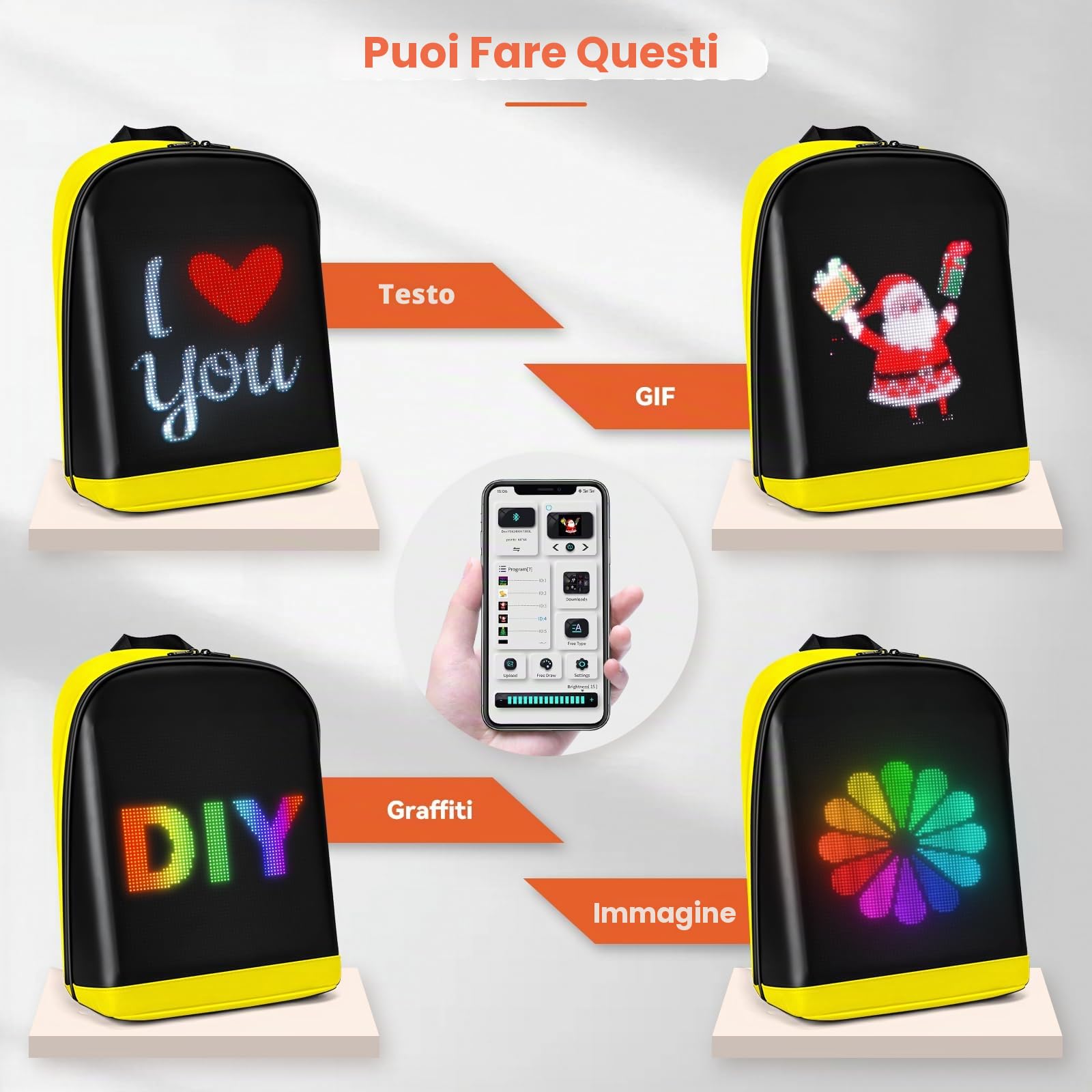 Gelrova LED Zaino con controllo tramite app, display LED dinamico, zaino per laptop, leggero e resistente, spazio multifunzionale per uomini e donne (Giallo)