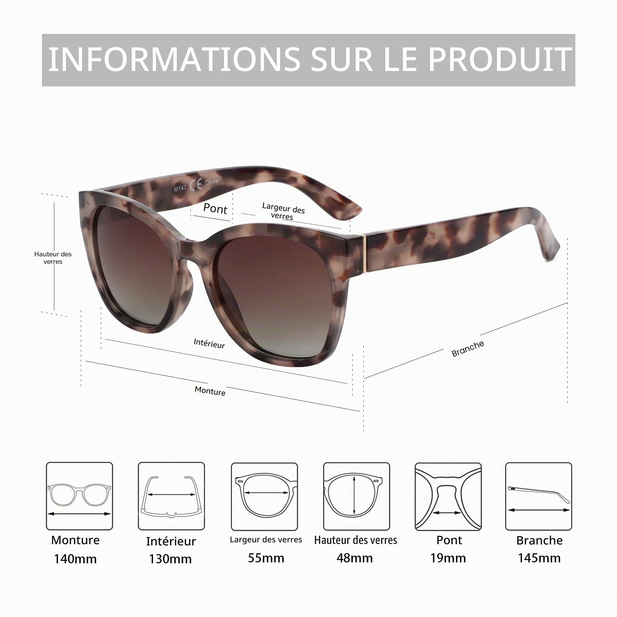 ZENOTTIC Lunette de Soleil Femme Polarisées: Protection UV400 Oversize Œil de Chat Vintage Rétro Lunette Classique Grand Cadre