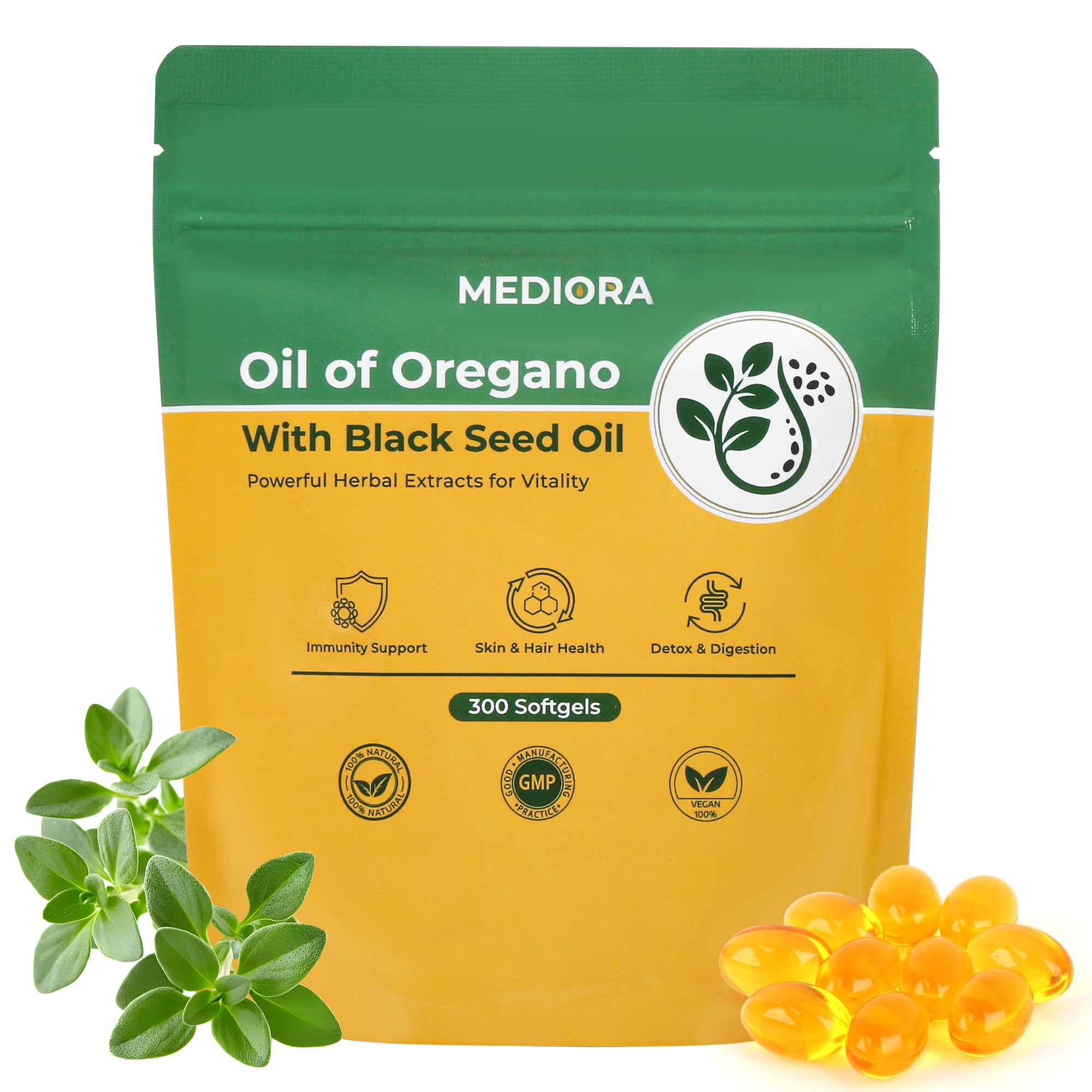Oil of Oregano with Black Seed Oil Softgels, 300 Count – 2-in-1 Herbal Supplement with High Carvacrol & Thymoquinone for Gut Health and Immune Support, Plant-Based, Non-GMO