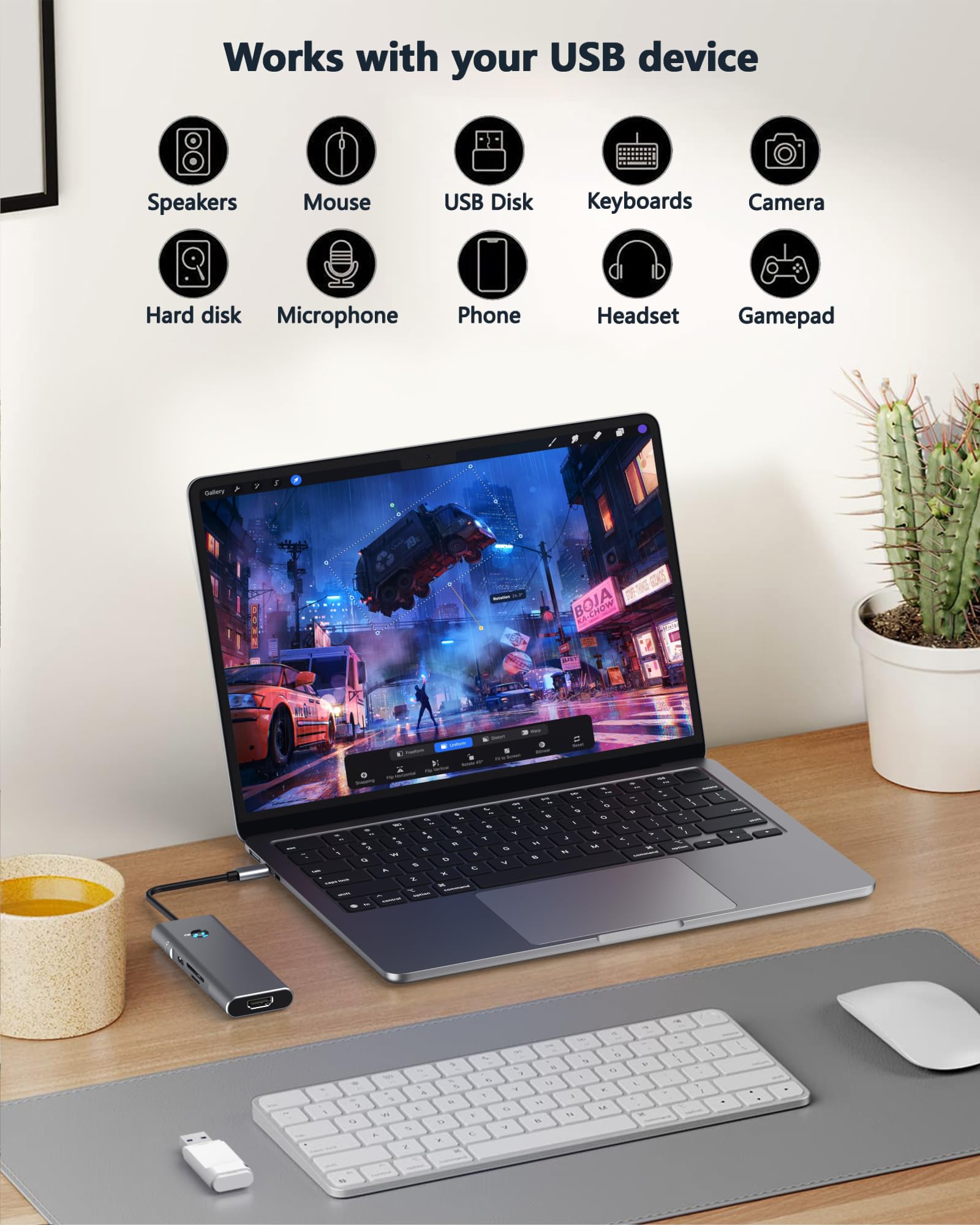 USB C HUB for iPad Pro Adapter 4K 60Hz HDMI, 100W PD, SD/TF Card Reader, 3 USB A Port, 3.5mm Audio Jack, 9 in 1 USB C Dock for iPad Air/Galaxy Dex/Tablet/MacBook/iMac/iPhone 17/Steam Deck/HP/Dell
