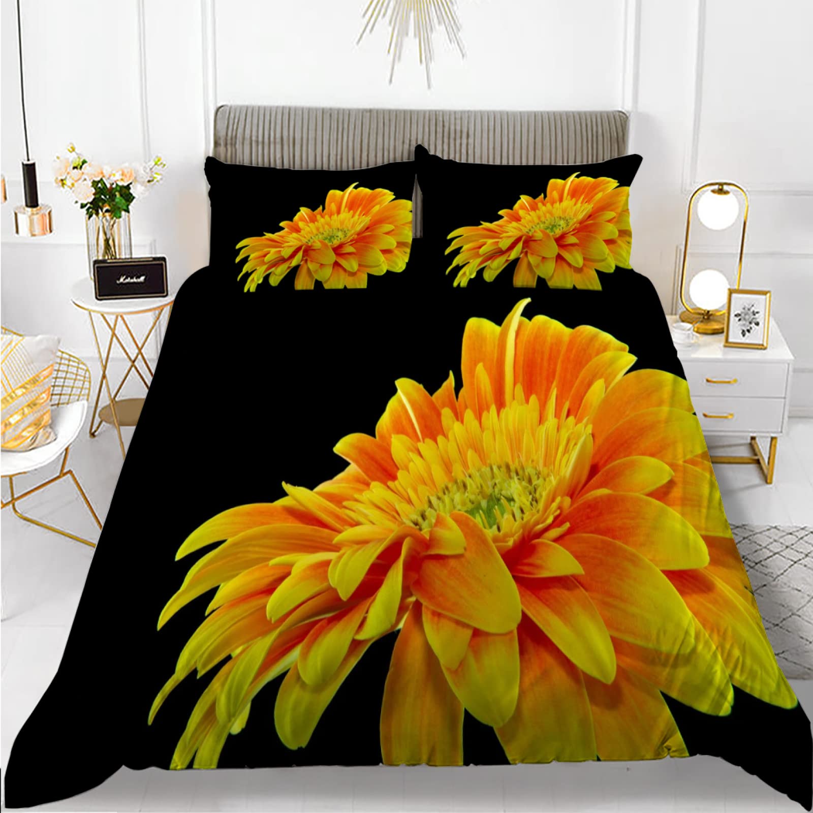 Housse de Couette 160x200 Noir au Style Floral pour Chambre d'Ado Fille ou Garçon