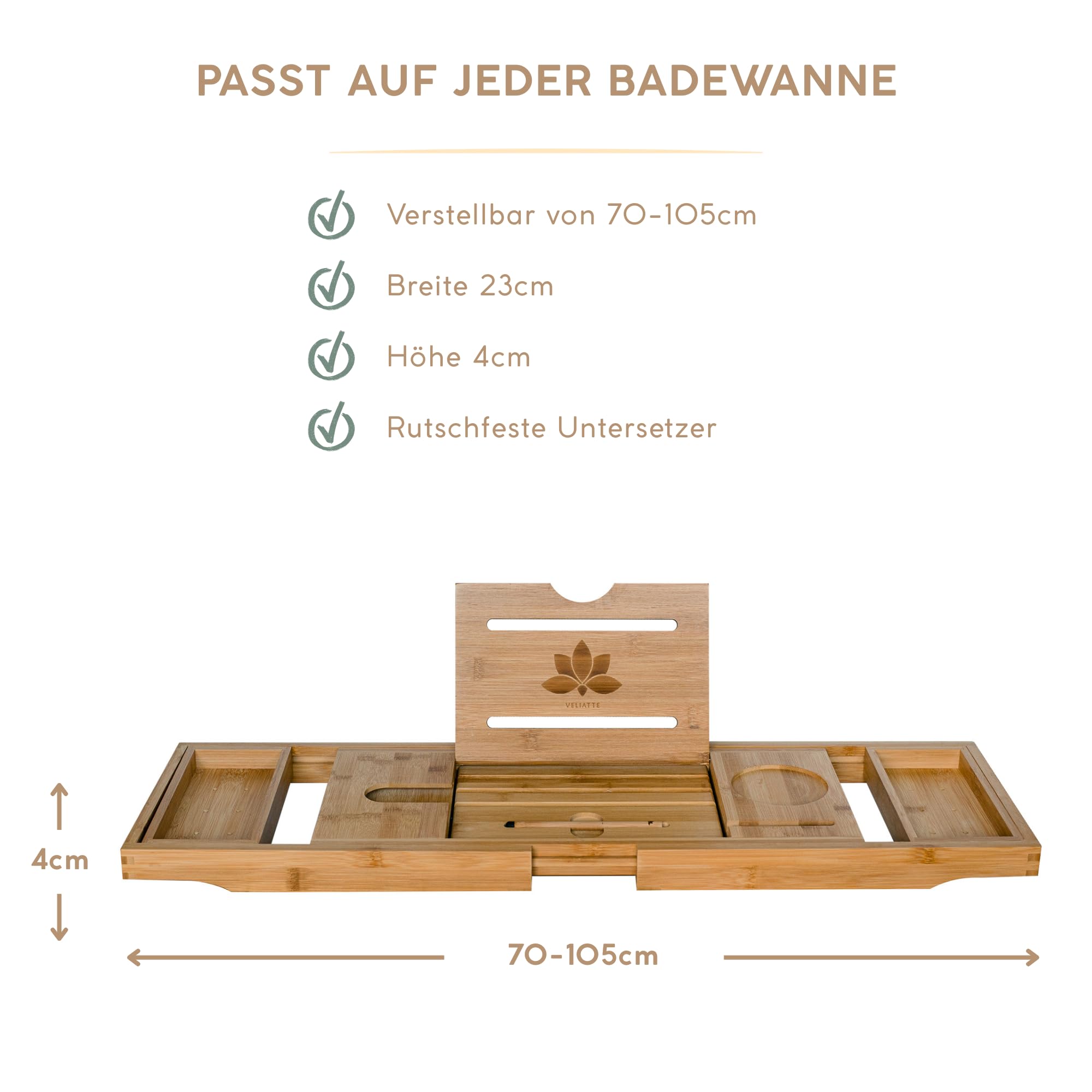 Badewannenablage ausziehbar aus Bambus 70–105 cm – Badewannenbrett mit Tablet- & Buchhalter + Touchscreen-Stift – Badewannentablett verstellbar mit Weinglashalter – Spa Badewannen Zubehör