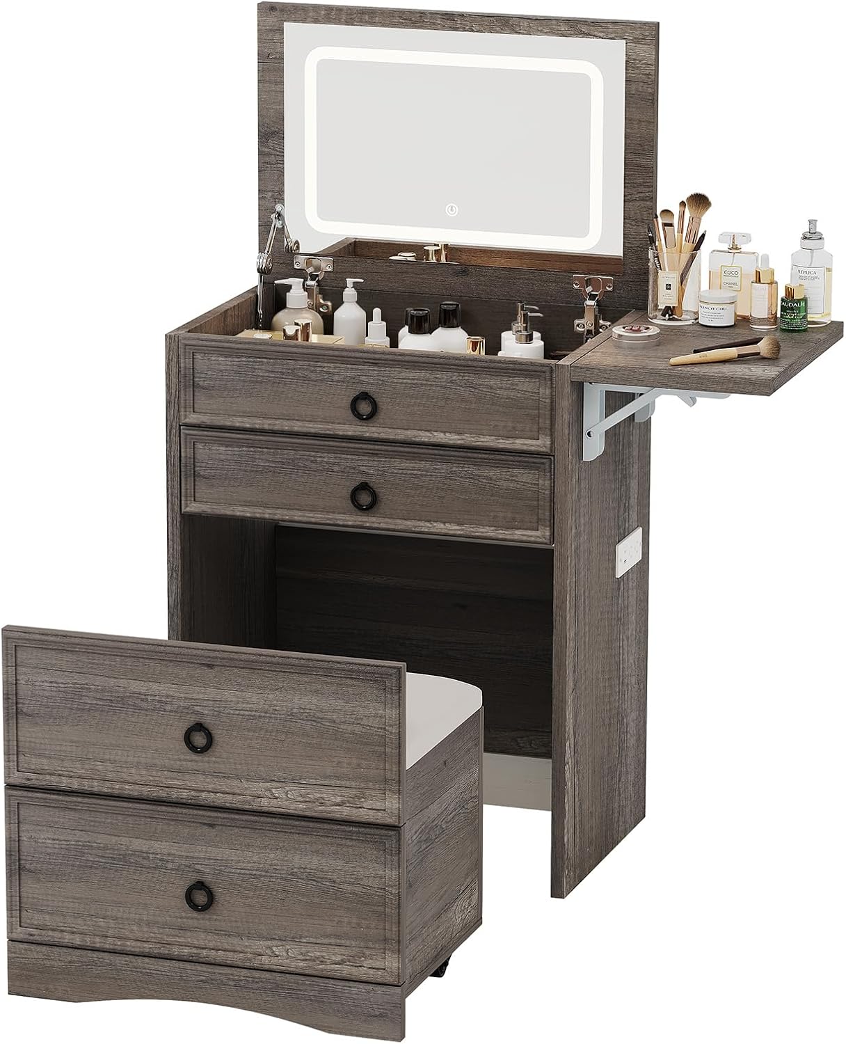 3-in-1 Vanity Set with LED Lighted Flip Top Mirror, Makeup Table with Fold-Up Panel, Hidden Stool, Charging Station, Small Vanity for Bedroom & Dressing Room, Rustic Grey
