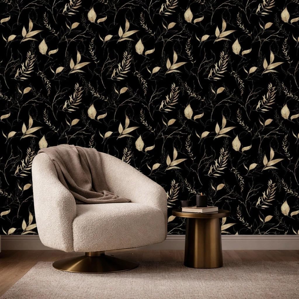 Dark Black and Gold Leaf Peel and Stick Wallpaper Removable Waterproof Wallpaper for Bedroom and Accent Walls Renter Friendly 17.7" x 354"