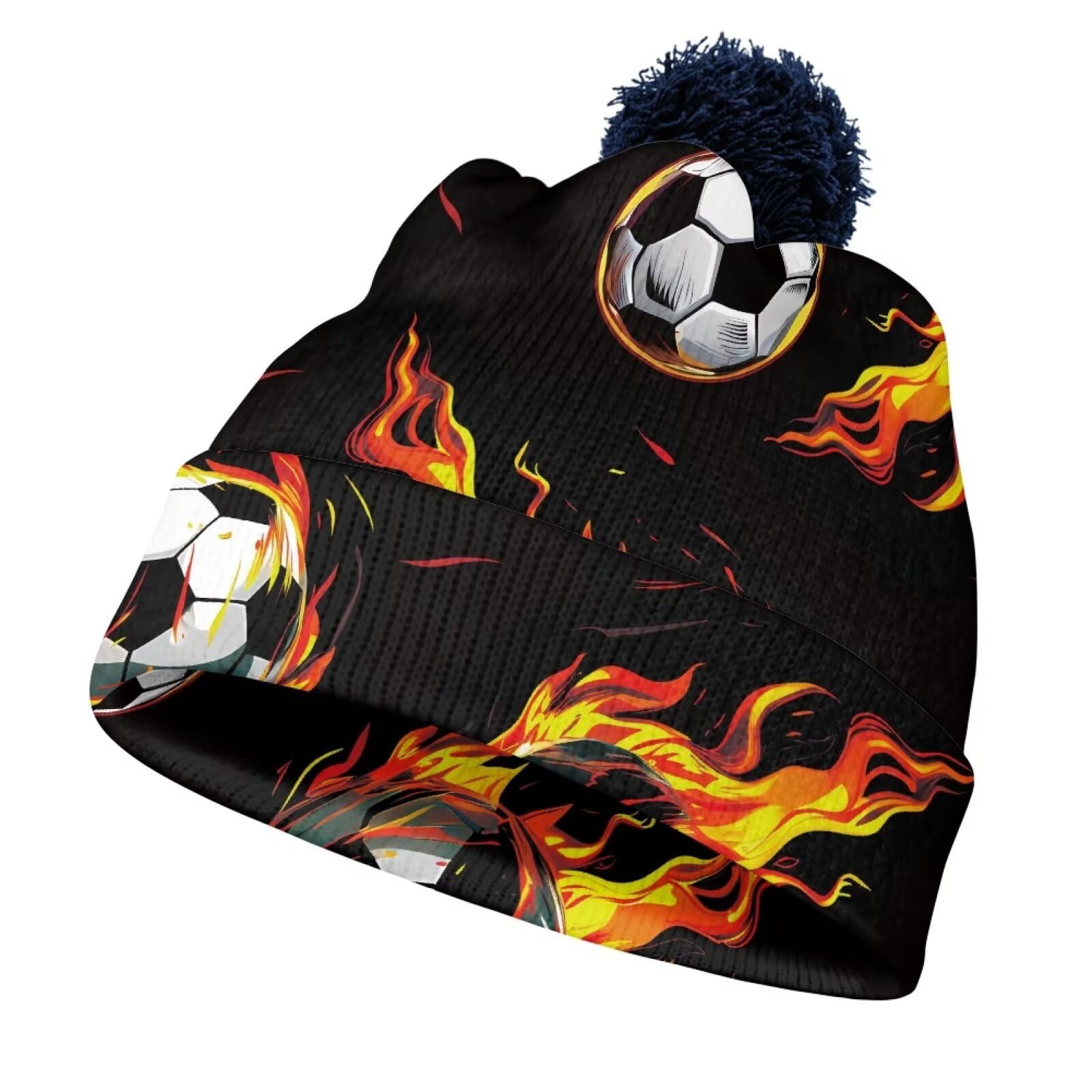 Hechitok Soccer Flame Beanie Hat Girls Boys Winter Hat Pom Knit Hat Beanies with Ball at Top Winter Pom Cap with Cuff for Active Workout, Blue Ball
