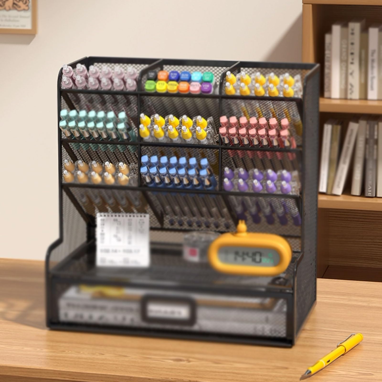 Portapenne inclinato in rete metallica a 9 scomparti con cassetto, organizer da scrivania multilivello base antiscivolo for la scuola