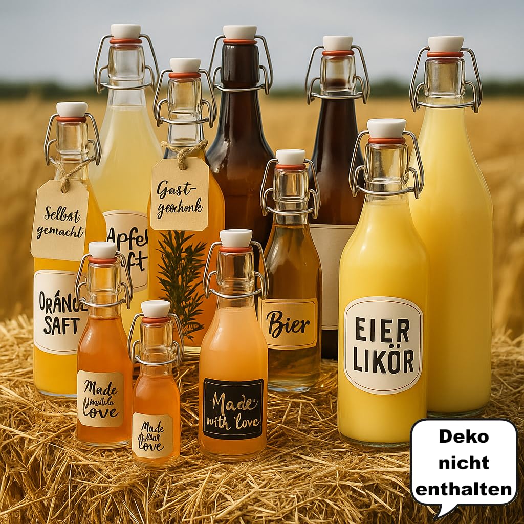 hocz 10x leere Bügelflaschen 250ml zum Befüllen Weiß - kleine Flaschen mit Bügelverschluss - 10er Bügel Glasflaschen Set für Saft, Getränke, Likör, Öl, Saucen