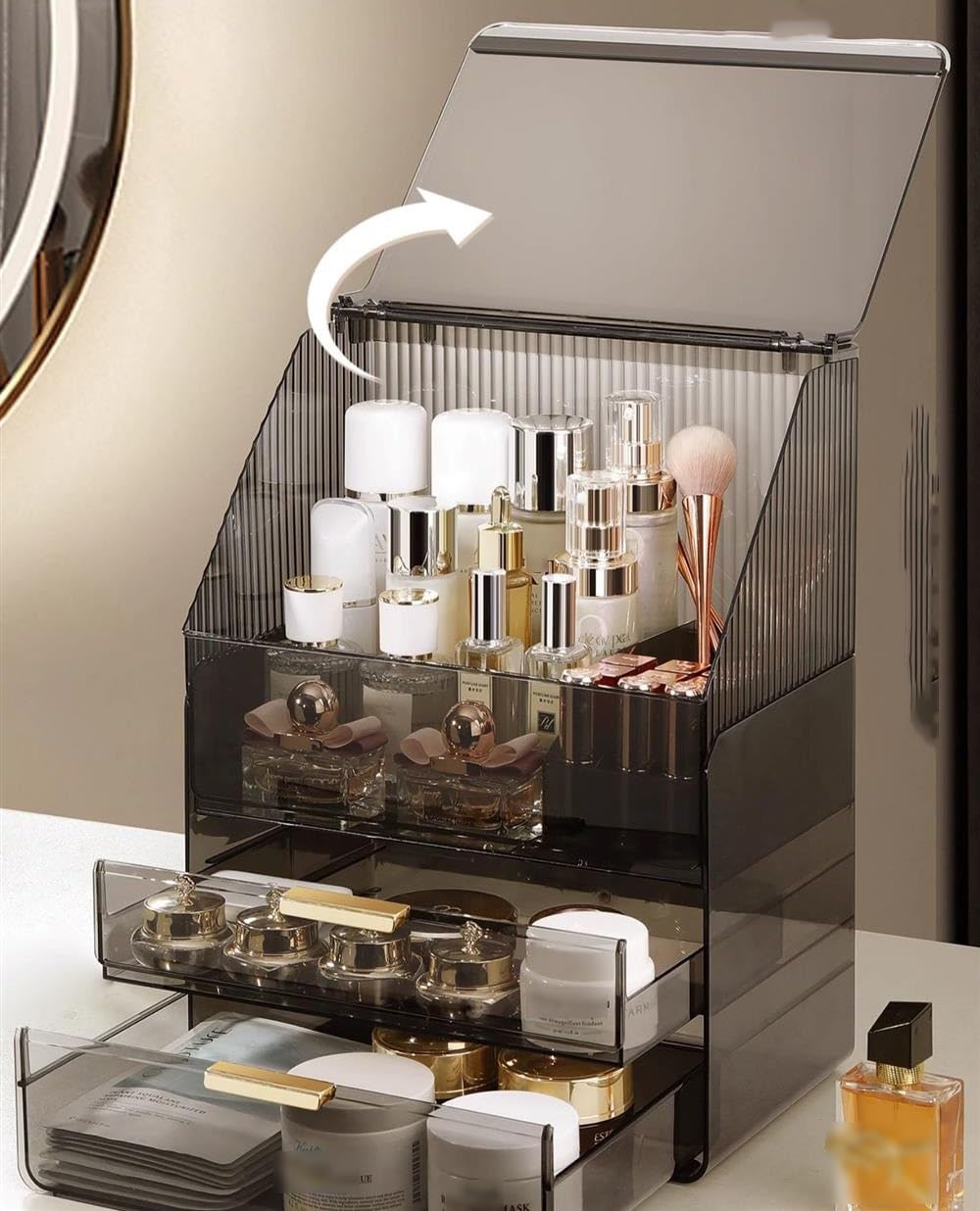 Caja organizadora de maquillaje, vitrinas acrílicas para cosméticos con 2 cajones y caja de almacenamiento de gran capacidad para el cuidado de la piel, organizadores de maquillaje y almacenamiento