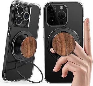 Magnetic Phone Ring Grip,Ultra Thin Phone Kickstand with Finger Loop Strap, Lightweight Phone Ring Holder for Mag Safe iPhone 16/15/14/13/12 Series (Walnut Wood)