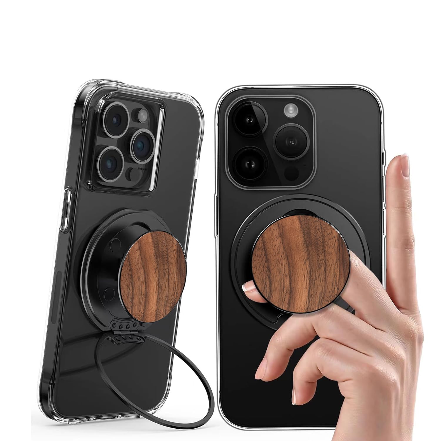 Magnetic Phone Ring Grip,Ultra Thin Phone Kickstand with Finger Loop Strap, Lightweight Phone Ring Holder for Mag Safe iPhone 16/15/14/13/12 Series (Walnut Wood)