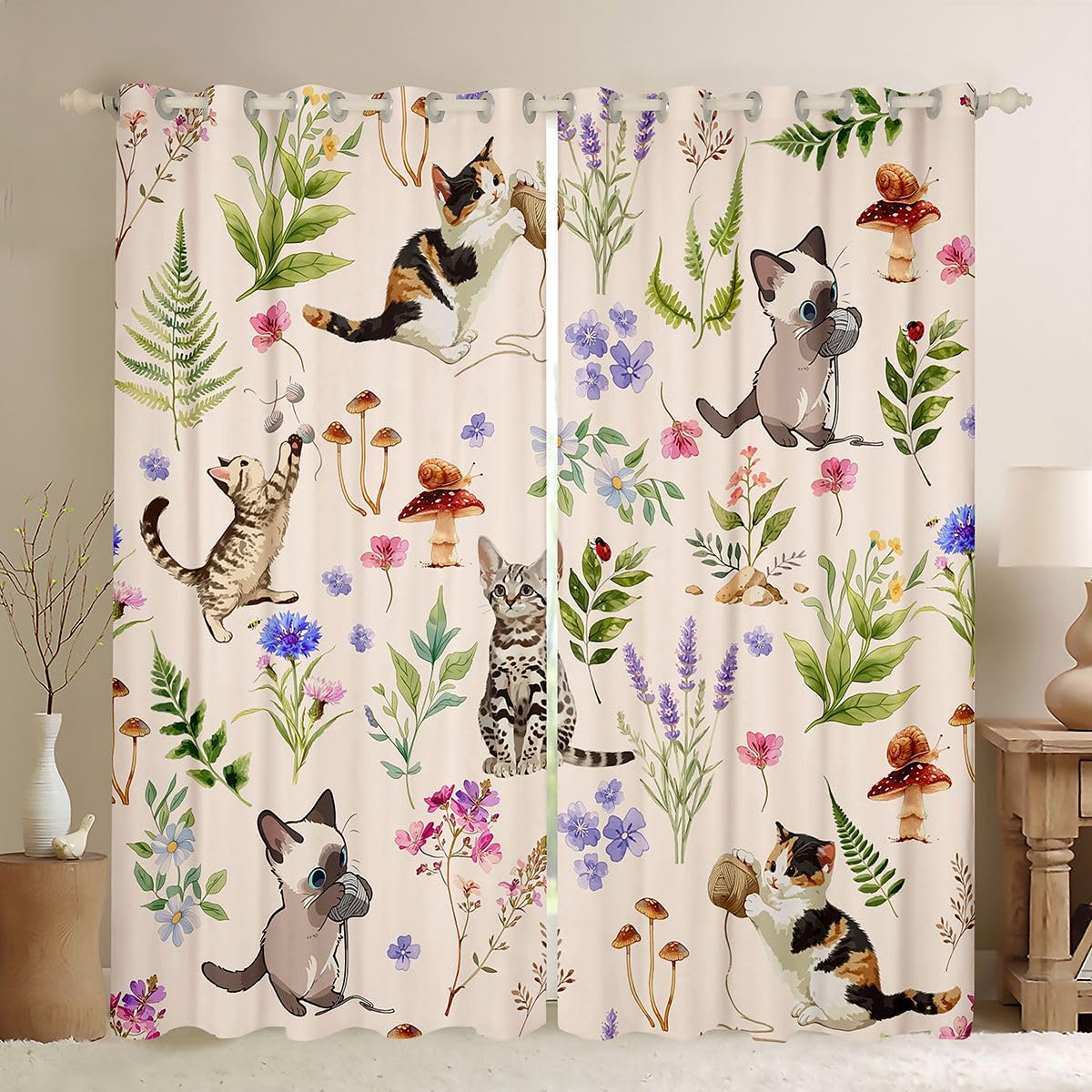 Rideau occultant chat mignon 117x183 cm Homewish style beige boho pour fenetre