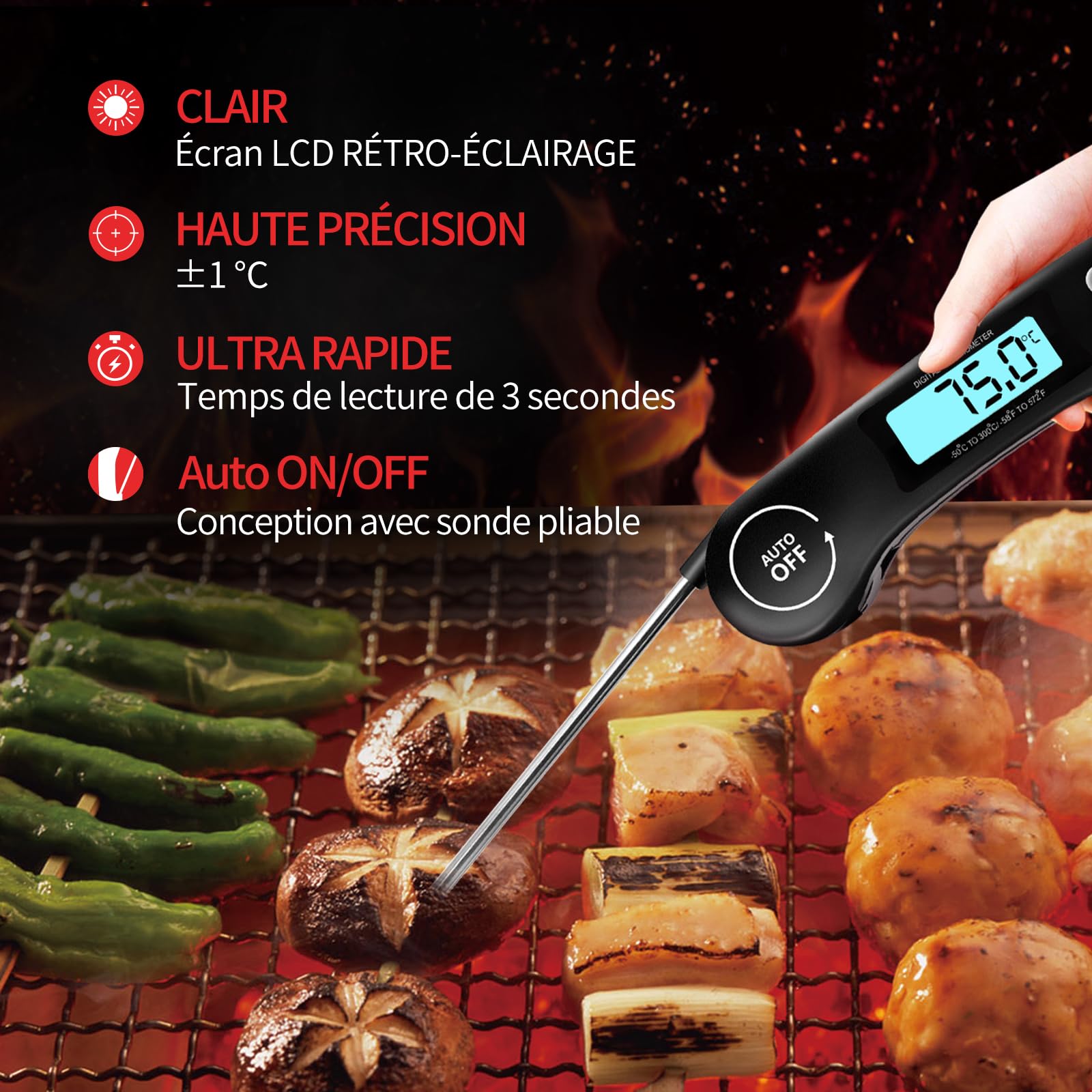 DOQAUS Thermometre Cuisine 3s Lecture instantané Thermomètre viande Écran LCD Auto On/Off Sonde Pliable Cuisson BBQ