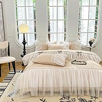 Vista 10 de Juego de funda de edredón de encaje blanco con volantes, funda de edredón con lazo, ropa de cama elegante para niños, 100% poliéster, juego de funda
