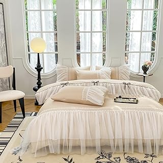 SOUKECHY Lace Ruffled Queen Duvet Cover Set, Chic Bedding with Cute Bow,Kids Princess Bedding,100% Polyester,Lightweight Duvet Cover Set with Zipper Closure for Girls