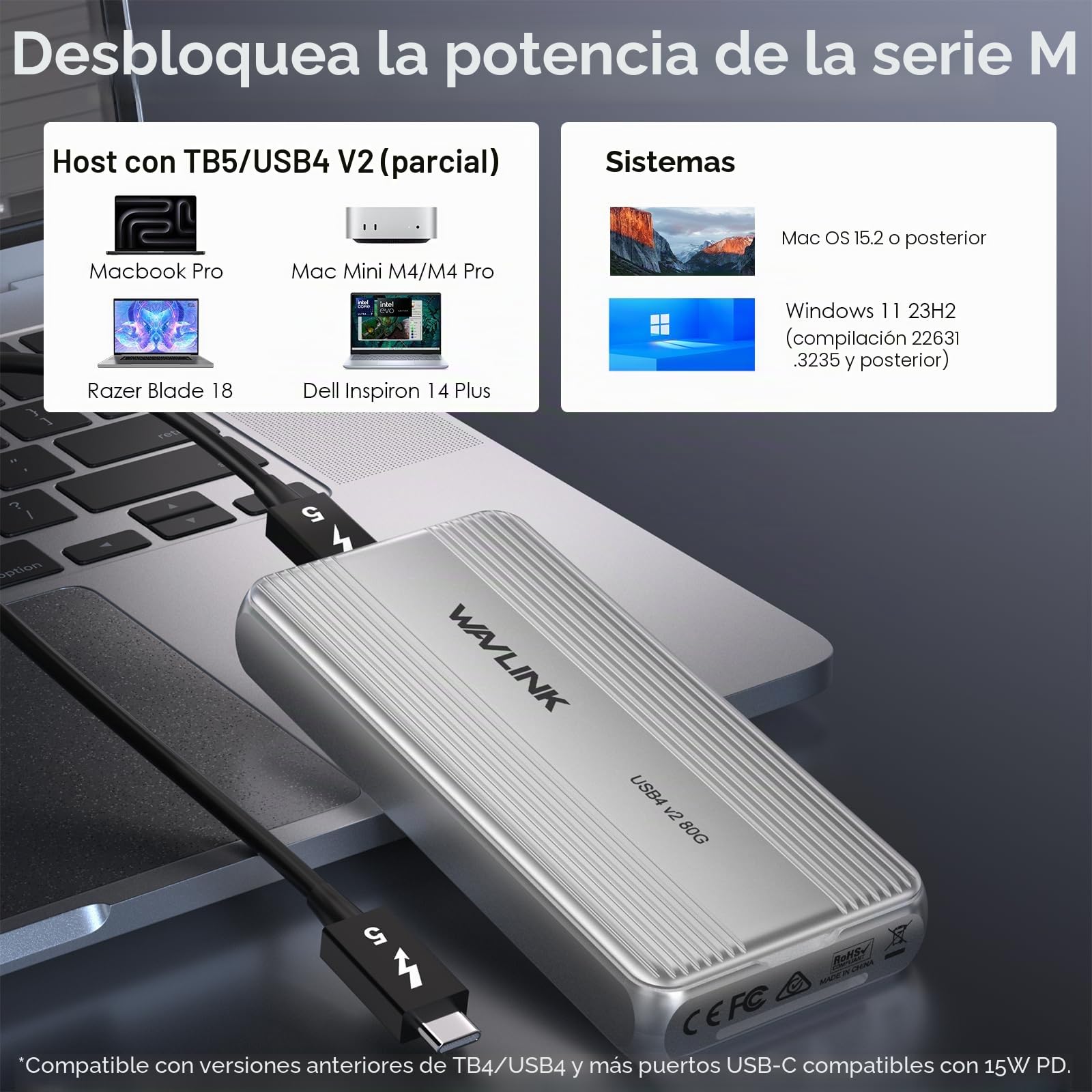 WAVLINK Carcasa SSD M.2 NVMe 80 Gbps Ventilador refrigeración Thunderbolt5/USB4 V2.0 Llave B+M/M-Key NVMe 2280 SSD Mac M4 Pro