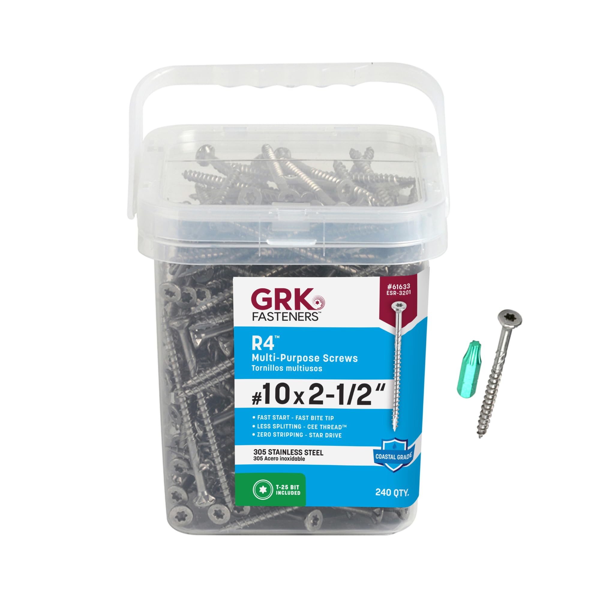 GRK Fasteners R4™ 305 Stainless Steel #10 x 2-1/2 Inch Outdoor Screws, 240 PCS, Extreme Corrosion Resistant, Coastal Structures, Fast Bite Tip, Star
