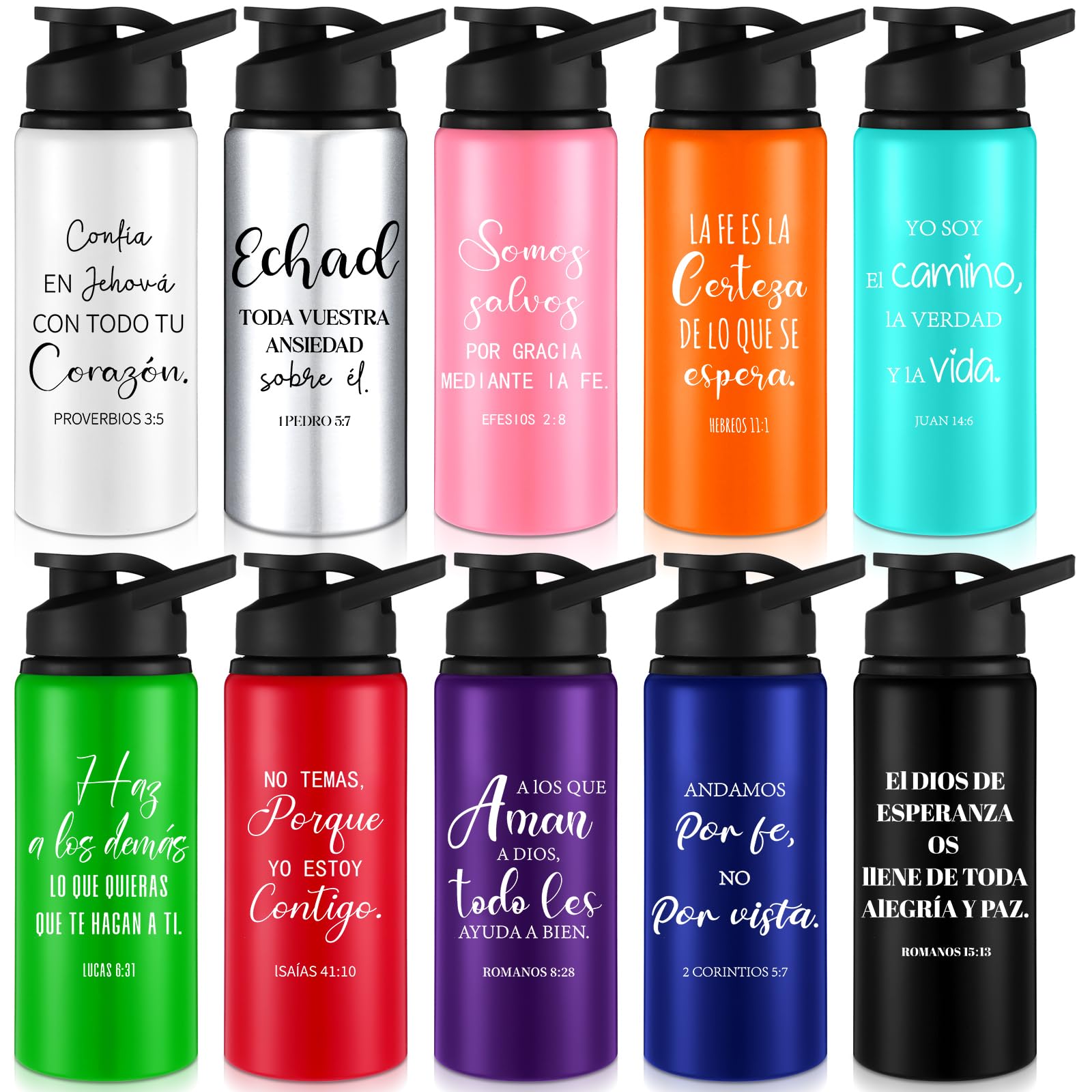 Skybooly 10 Pcs Christian Aluminum Water Bottles, Assorted Color, Spanish