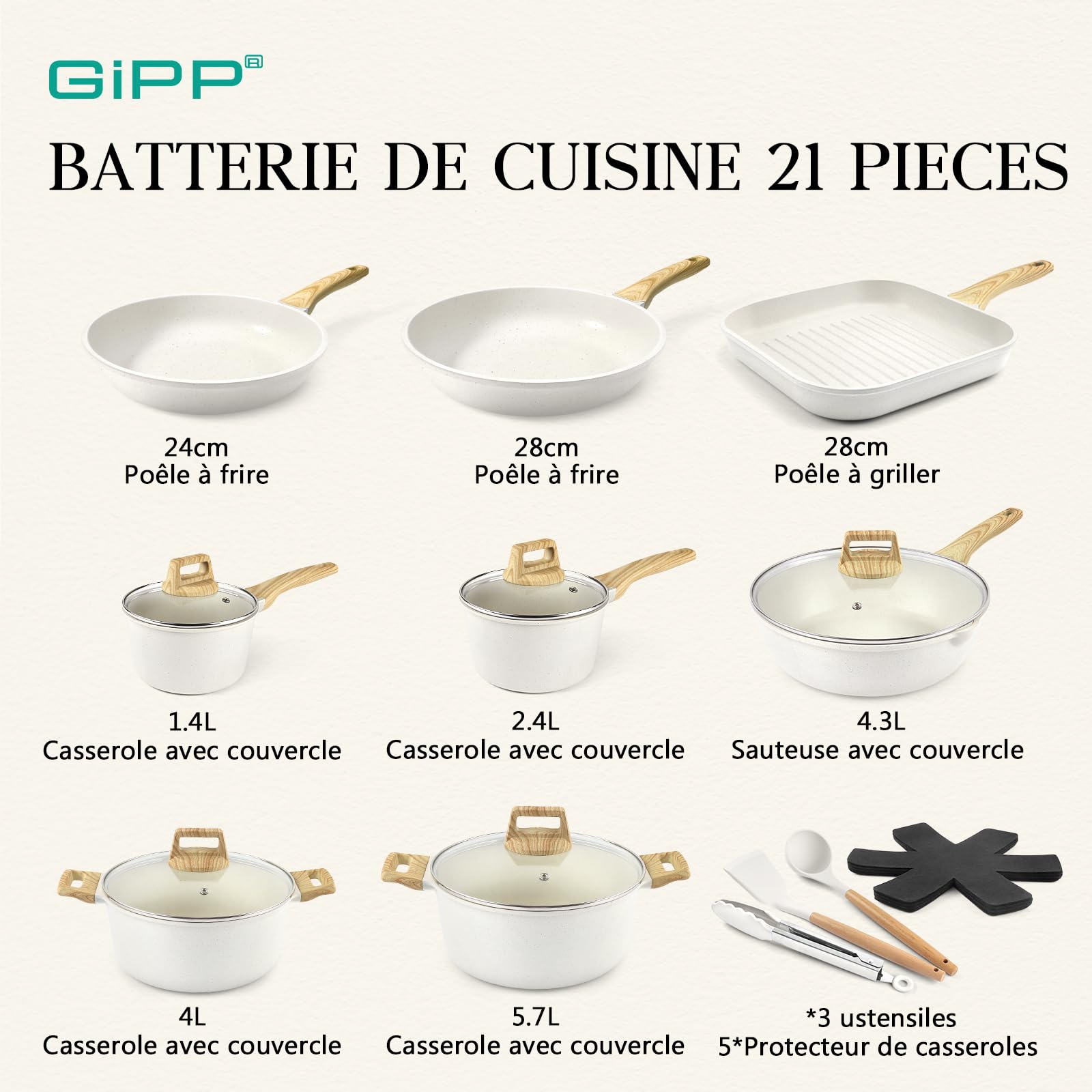 GiPP Set de Poêles et Casseroles avec Revêtement Céramique Antiadhésif - 21 Pièces Induction Lot de Poele avec Spatule + Cuillère, Sans Toxiques, Convient à Différents Types de Cuisinières | Grande capacité, sauter dans la poêle, sauter, braiser, frire, l
