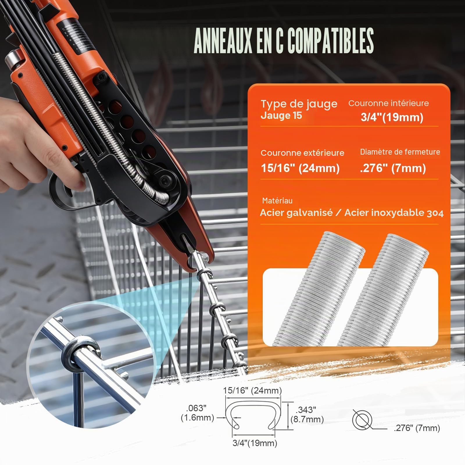 KAMSIN K-SC7E 15GA pince à C pneumatique long bec pour gabions | Couronne 19mm, fermeture 7mm, bec allongé pour espaces étroits, qualité industrielle 15GA, pour cages, clôtures et sièges