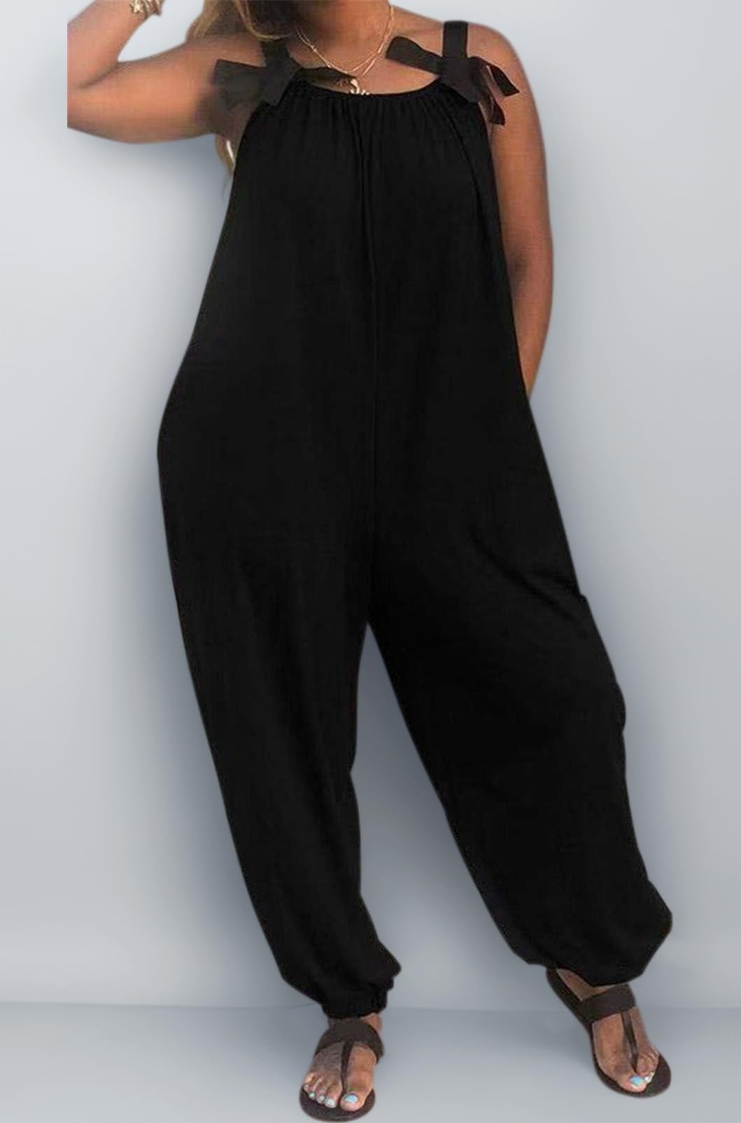 Wonens Plus Size Overalls Spaghetti Strap Baggy Romper Harem Wide Leg Jumpsuit With Pockets