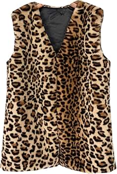Hesaco Leopard Print Fleece Vest Women Faux Fur Vest Coat