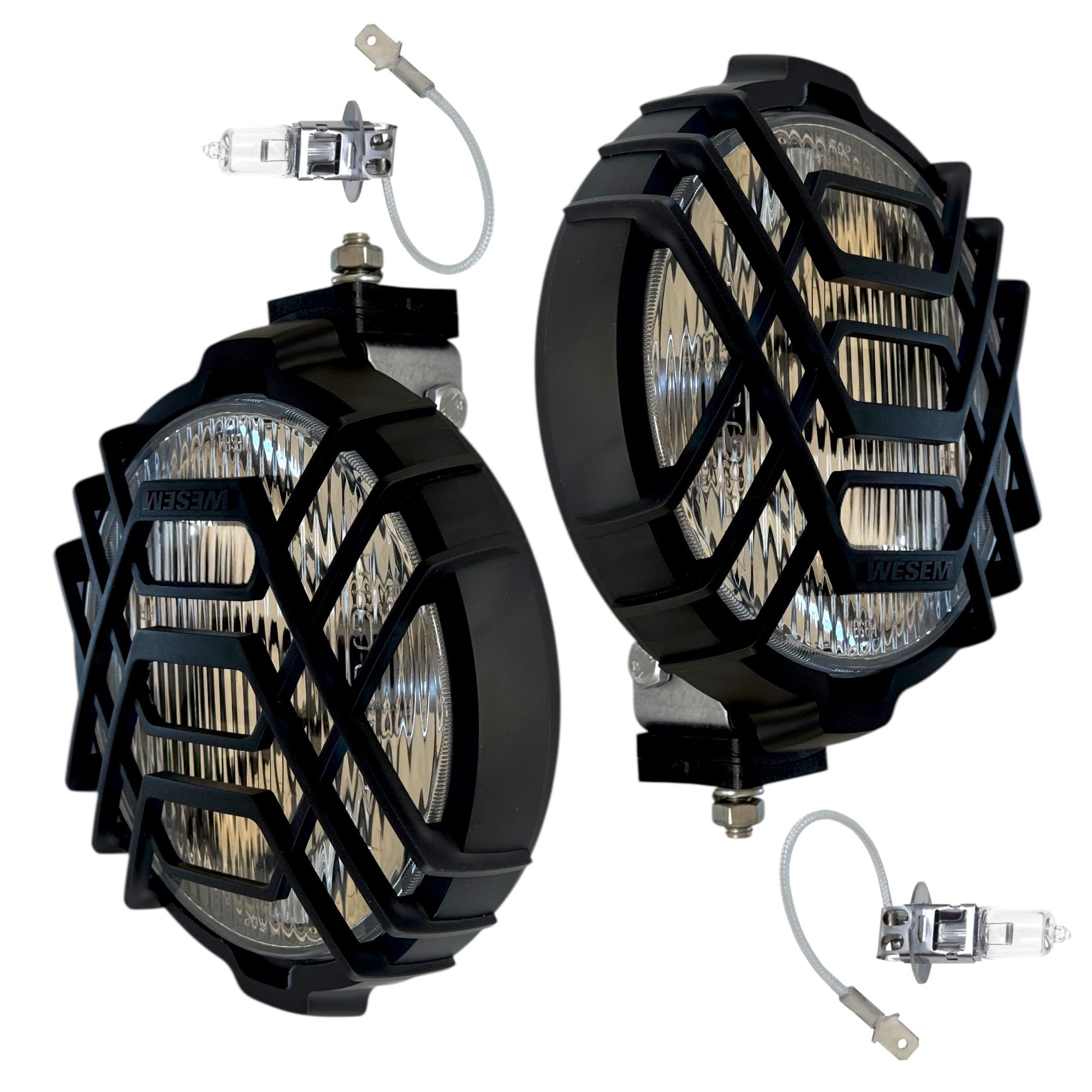 Juego de 2 Faros de Largo Alcance H3 12V 24V, Faros Auxiliares con Rejilla de Protección, Kit Completo incl. 2x Bombillas H3 12V, Homologado E20, para Camión Coche 4x4 Todoterreno