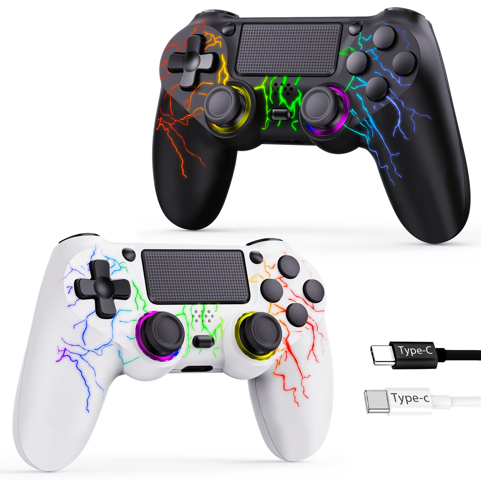 GamingBoy 2 Pack Wireless Controller for PS4, LED Controller for Ps4/Slim/Pro/PC with Adjustable RGB Light-up,Hall Effect Joystick,Dual Vibration,6-Axis Gyro,1000mAh Battery,USB C Port- Black and White