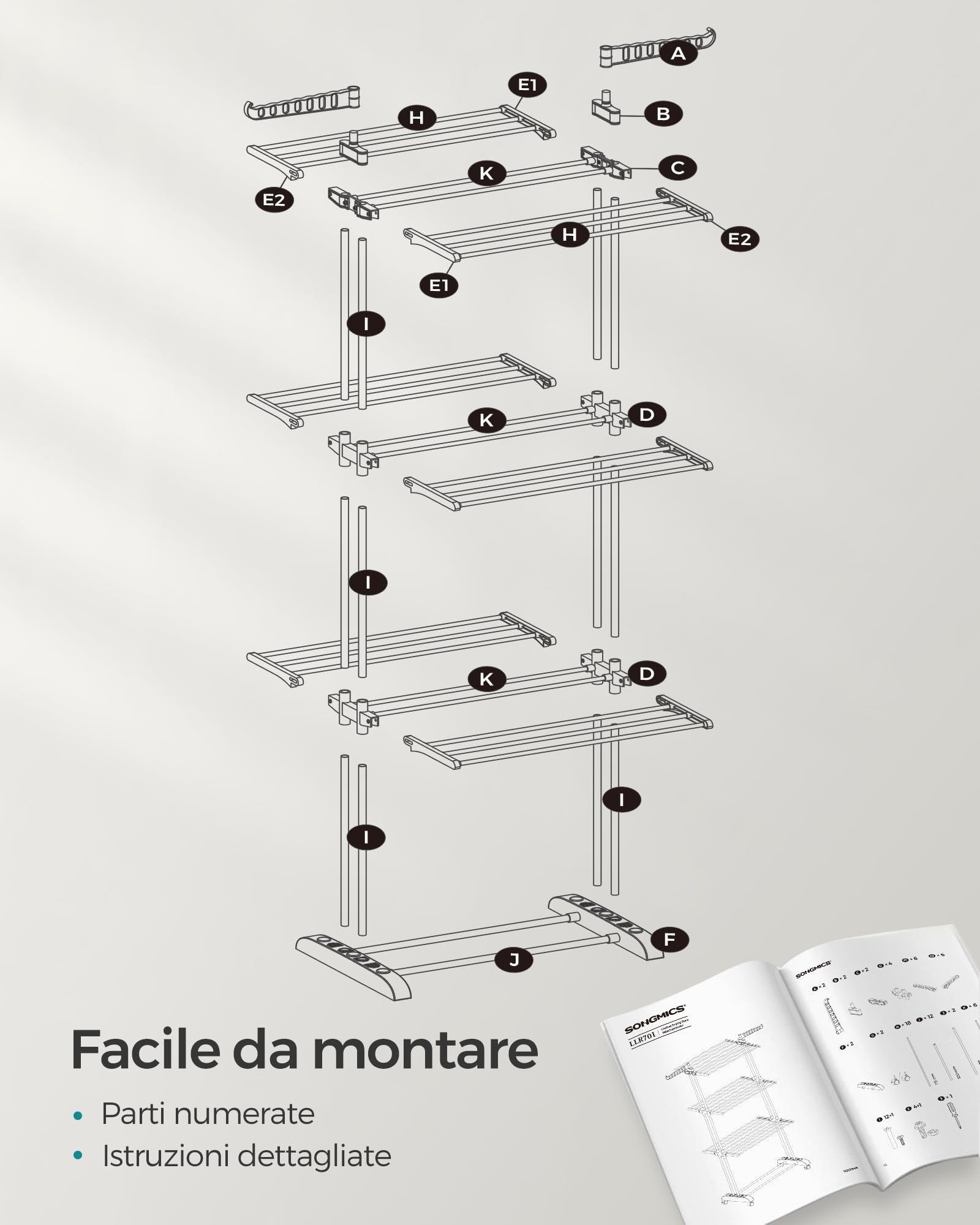 SONGMICS Stendibiancheria, Stendino Pieghevole a 4 Livelli, con Ruote e Ali Richiudibili, 63,5 x 128 x 173 cm, Capiente, Uso Interno ed Esterno, Grigio LLR701G01