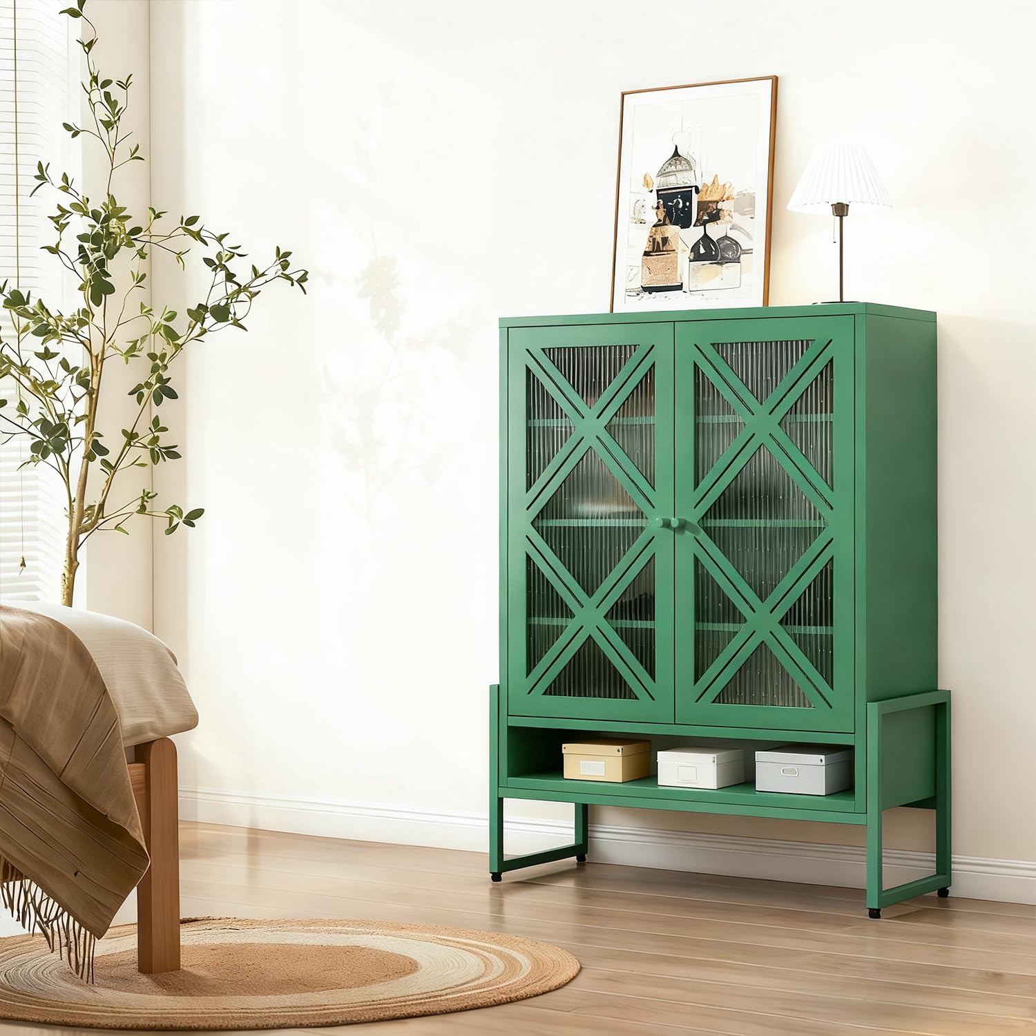 CIIOIO Metal Storage Cabinet with 2 Doors & 3 Adjustable Shelves, Green Freestanding Organizer for Shoes,Bathroom, Living Room, Kitchen& Pantry