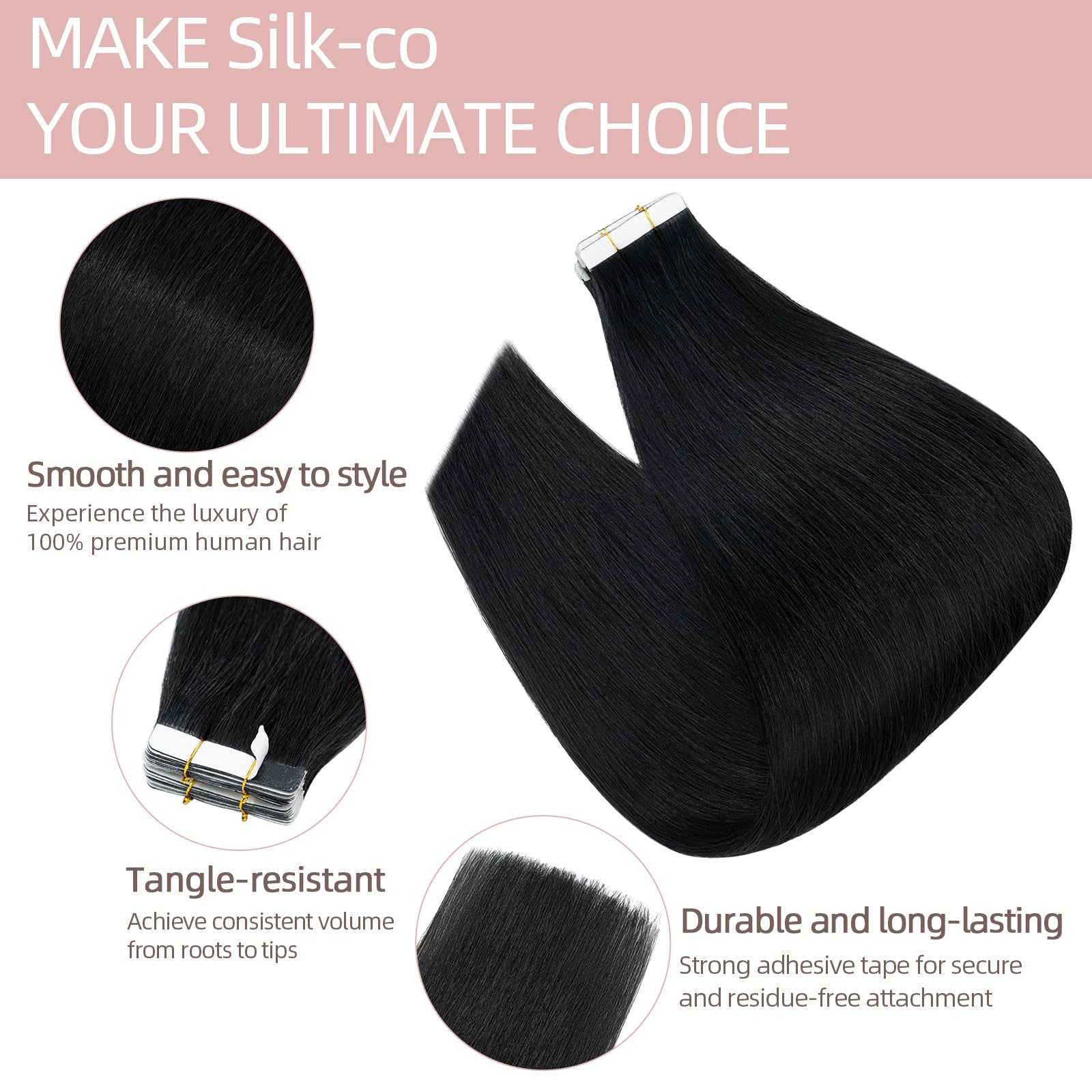 Silk-co Tape in Hair Extensions Remy Hair Extension Hair Pieces Silky Straight Human Hair Extensions Silky Soft Seamles 20 Pcs 20g/Set 12inch (20PCS)#01 Jet Black - Image 3