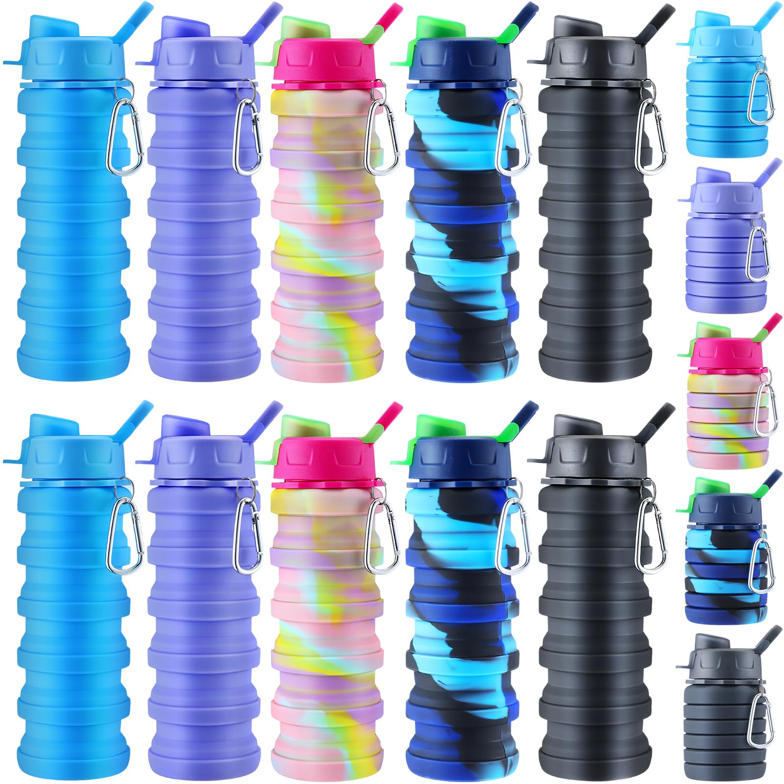 Layhit Faltbare Wasserflaschen aus Silikon, 482 ml, Reise-Trinkflasche, tragbar, faltbar, Sportflaschen, wiederverwendbar, erweiterbar, Wasserflasche für Outdoor, Schule, Wandern, Camping, 10 Stück
