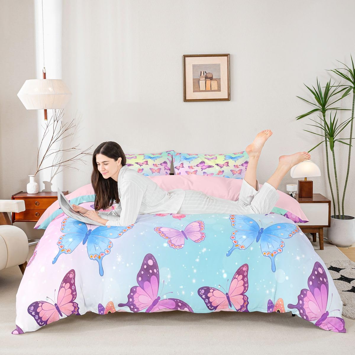 Homewish Set di biancheria da letto super king size per bambini, ragazzi e adulti, con copripiumino con farfalle blu e viola, elegante set di biancheria da letto sfumato con stelle
