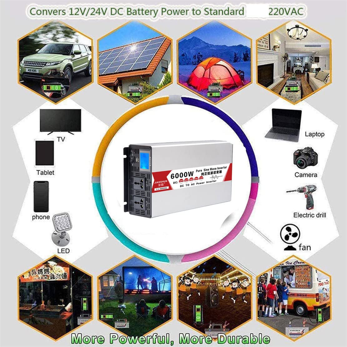 Czysta Fala Sinusoidalna Przetwornica Napięcia Falownik Samochodowy 12V Na 230V Przetwornica Falownika, Z Wyświetlaczem LCD I 2 Gniazdami AC Konwerter Samochodowy,5000W-48Vto110V