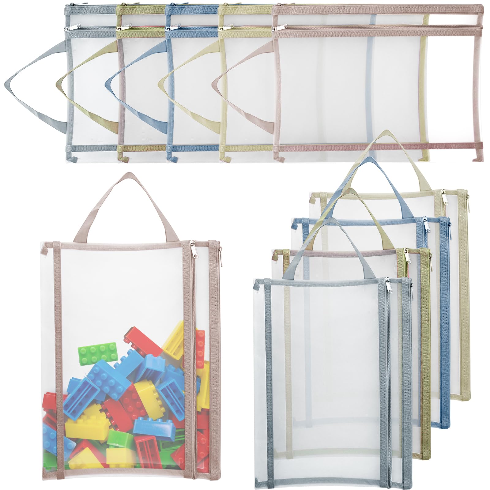 Confezione da 10 sacchetti colorati a doppio strato, in nylon, per riporre e organizzare giocattoli, traspiranti e trasparenti, A4, con manico, per scuola, ufficio e giochi