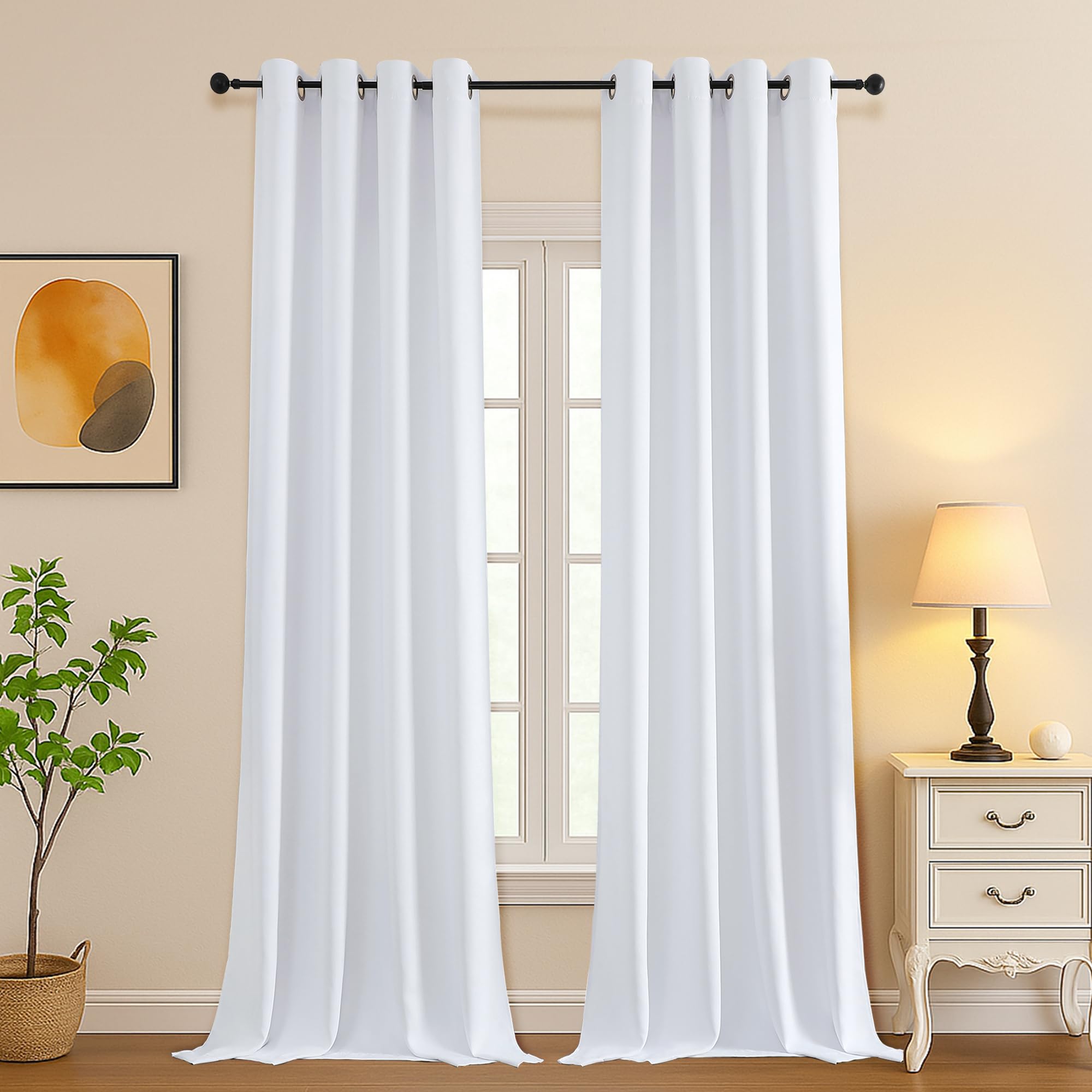 Simplebrand Pure White Extra Long 10ft Curtains for Patio 120 Inches Long 2 Panels Set, Light Filtering Light Blocking Solid Thermal Insulated Energy Saving Grommet Noise Reducing Curtains, 50 Wx120 L