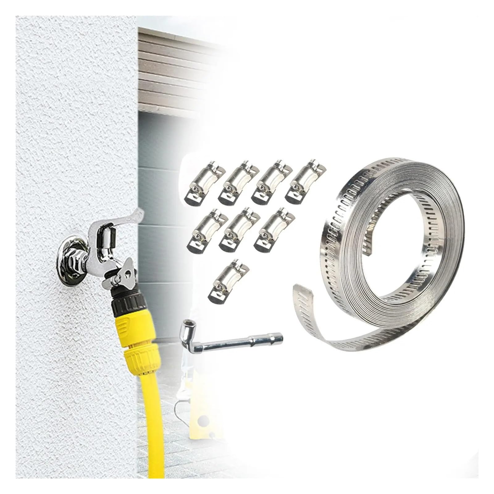 Juego de 2 abrazaderas manguera acero inoxidable, correa Metal ajustable, Clip tornillo for poste mecánico, plomería, engranaje sin fin, conducto aire para Manguera(10m (with 16 fastener))