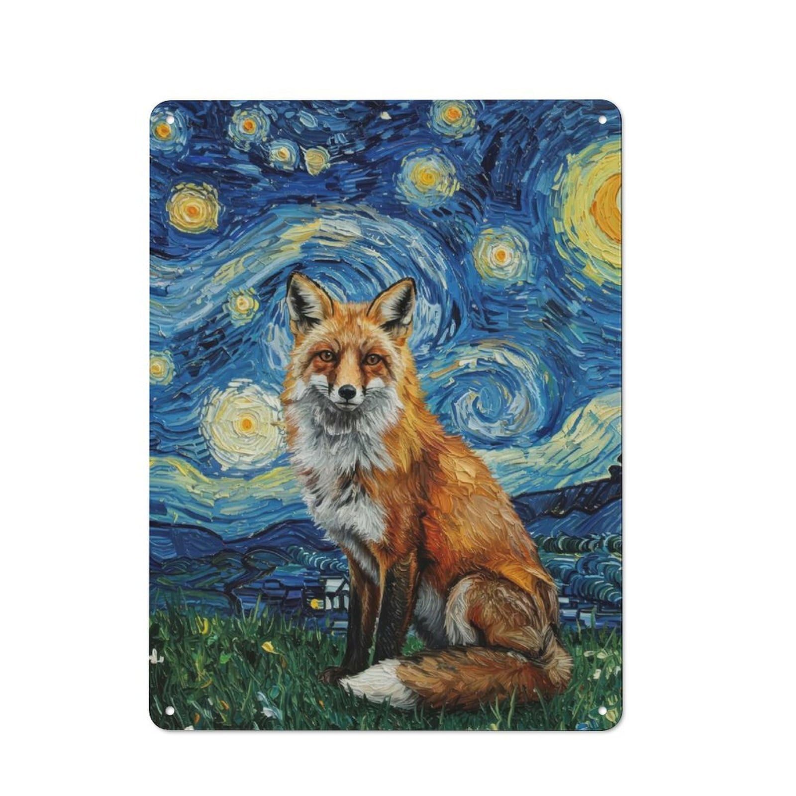 Junmoney Fox In Starry Night Style Painting Tin Wall Plaque 40X30cm With For Café Or Home Bar, New-Space Wall Decor For Hospitality Decor Collectors