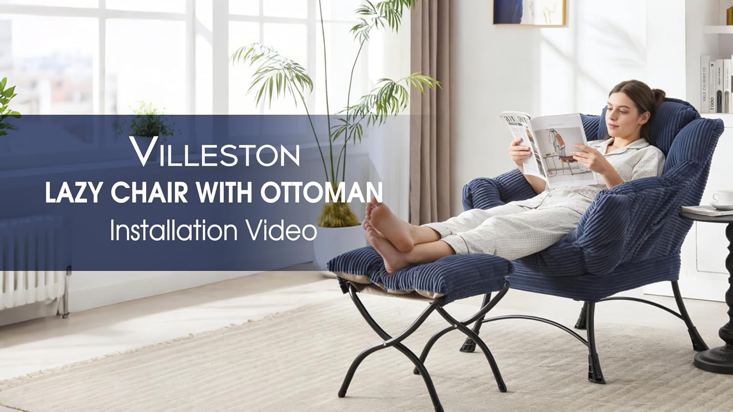 Lazy Chair with Ottoman, Comfy Lounge Chair for Reading, Relaxing, and Napping, Perfect for Living Room, Bedroom, or Office, Navy