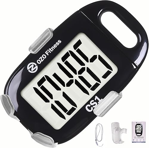 OZO Fitness CS1 - Podómetro fácil para caminar, contador de escalones con pantalla grande, clip y cordón