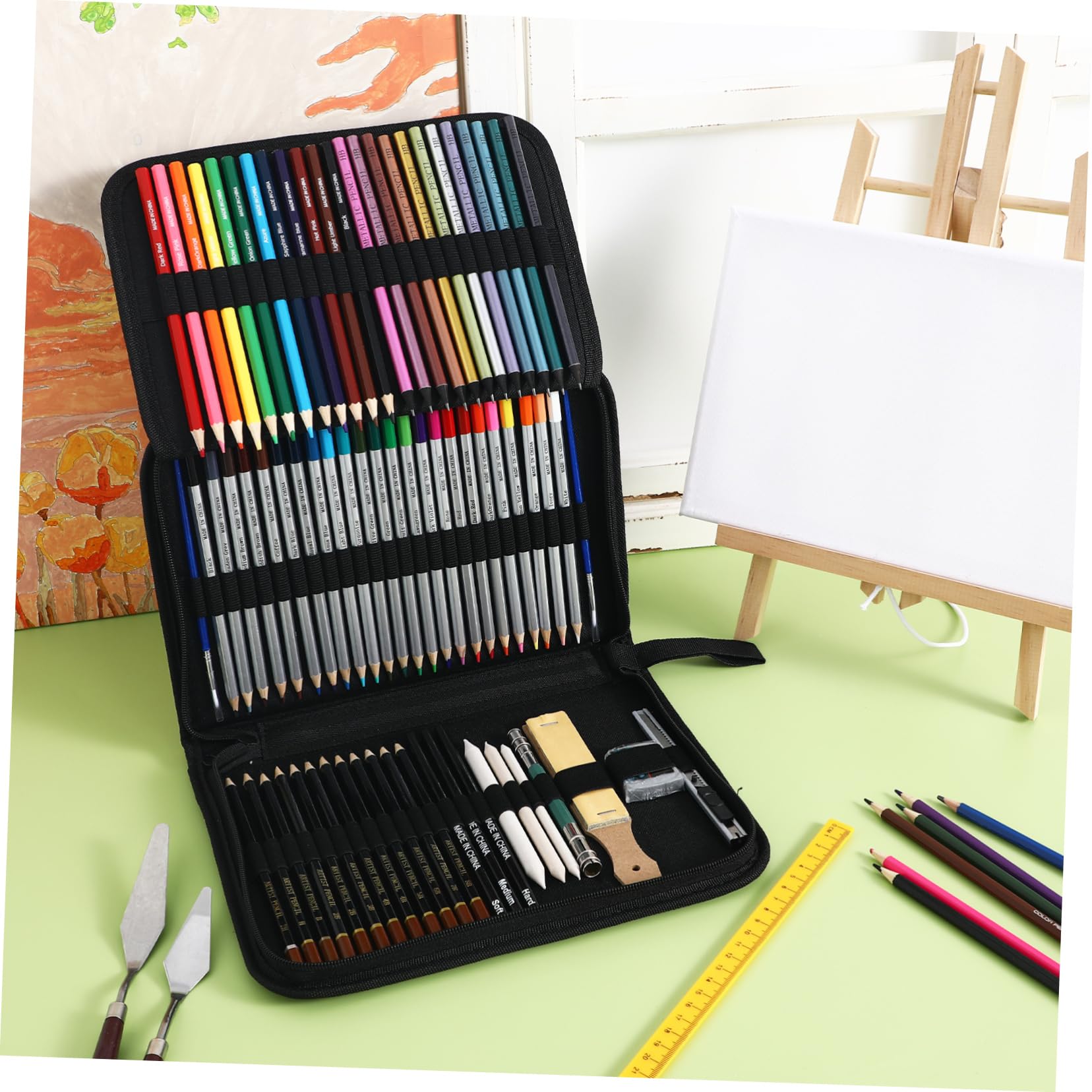 DIYEAH Coffret Crayons de Couleur Solubles à L'eau en Bois Pochette Zippée, Rallonge et Gomme, Ensemble Complet pour Croquis en Plein Air et Ombrage Artistique