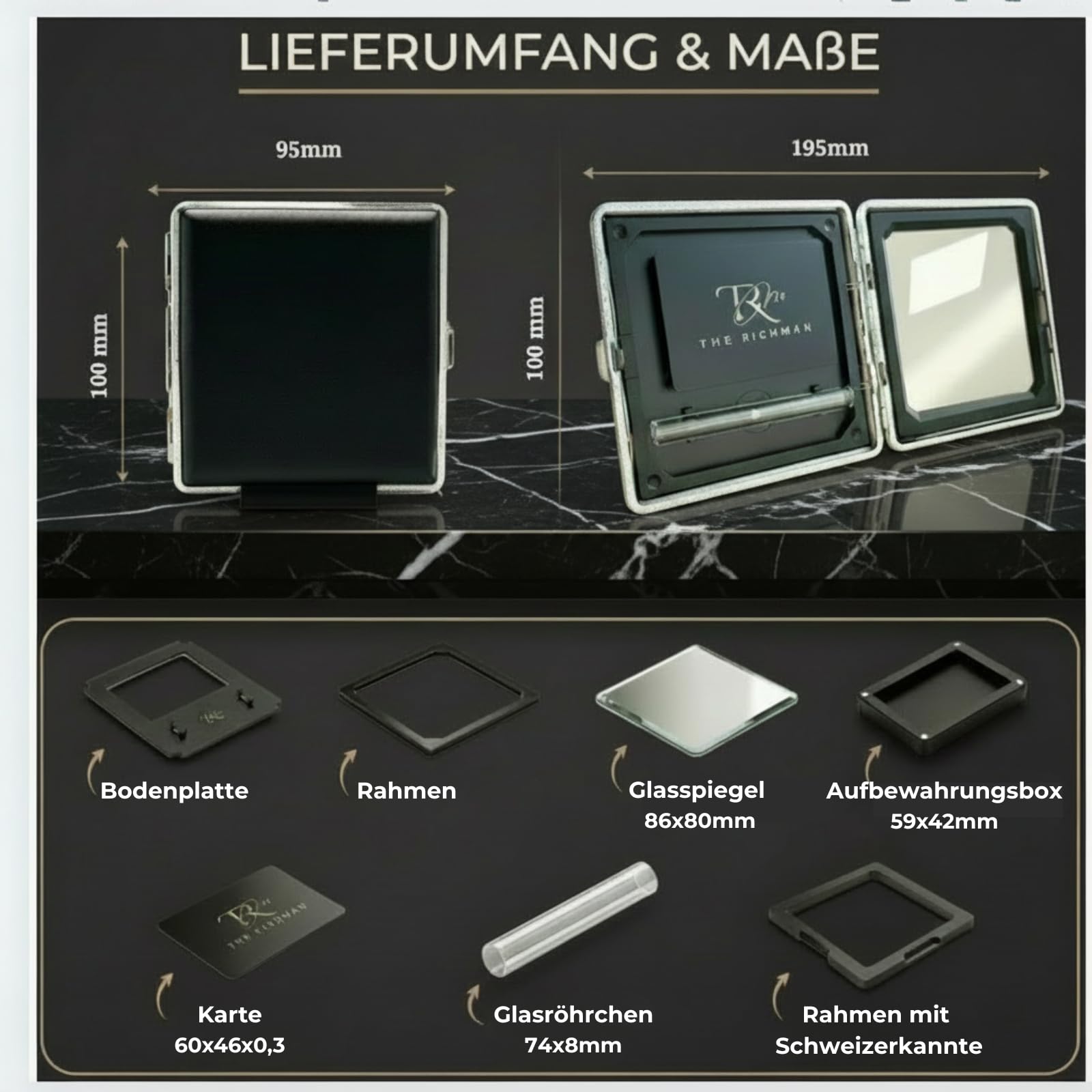 Set da tabacco "The Richman Premium" – Lussuoso, discreto & completamente magnetico! | Stile & funzionalità perfettamente combinati Tubo da tabacco in vetro, specchio & carta | 9 parti magnetiche per