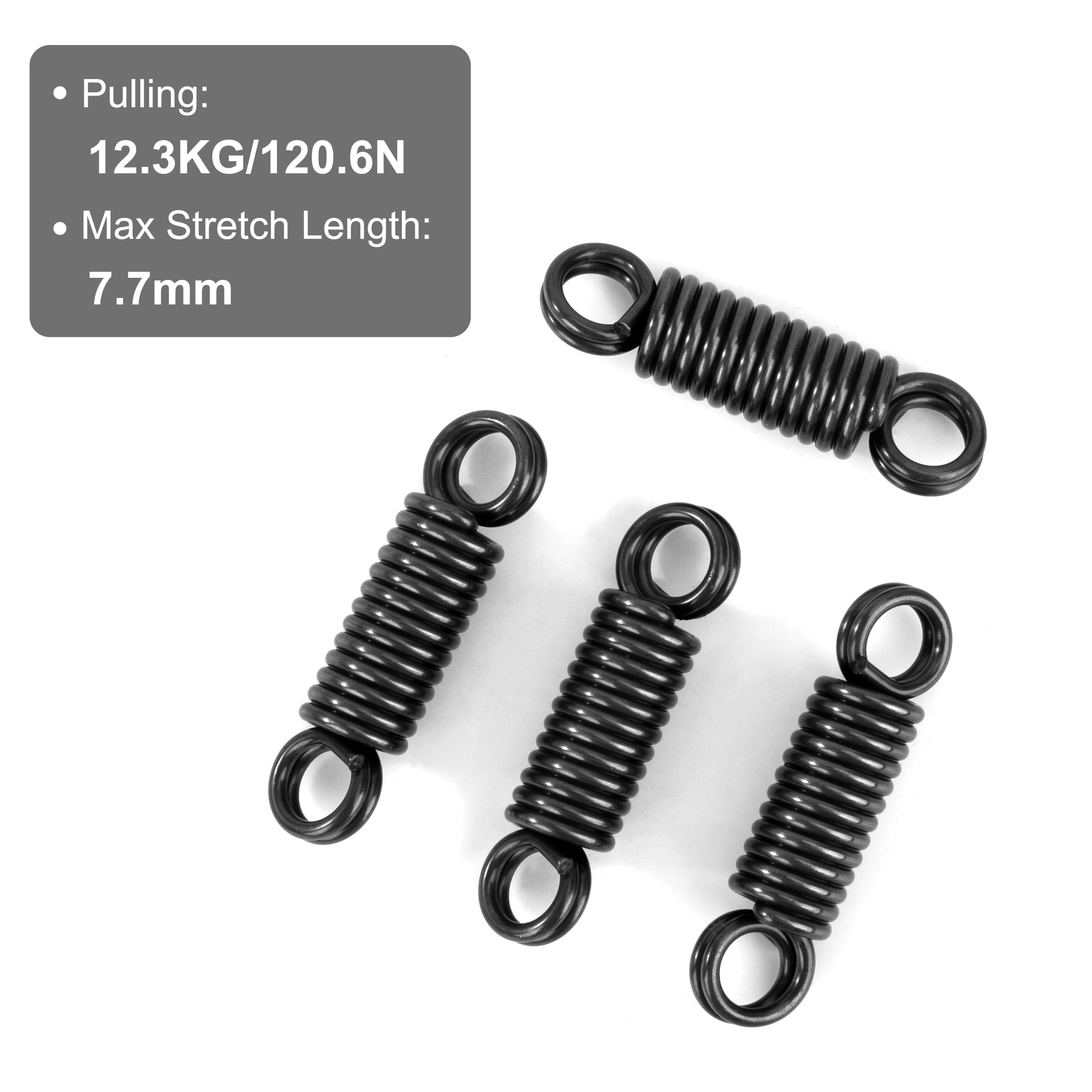 Sprężyny przedłużające 45 mm Sprężyny naciągowe z hakiem 180 stopni 2 zwoje Sprężyna z drutu fortepianowego Średnica zewnętrzna 12 mm Średnica drutu 2 mm Siła Sprężyna 12,3 kg 4 szt