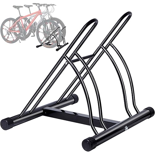 Bike Rack – Dual Bicycle Stand for Mountain, Road Bikes – Two Bike Parking Garage Storage Rack for Indoor and Outdoor Steel Bicycle Storage Tire Rack
