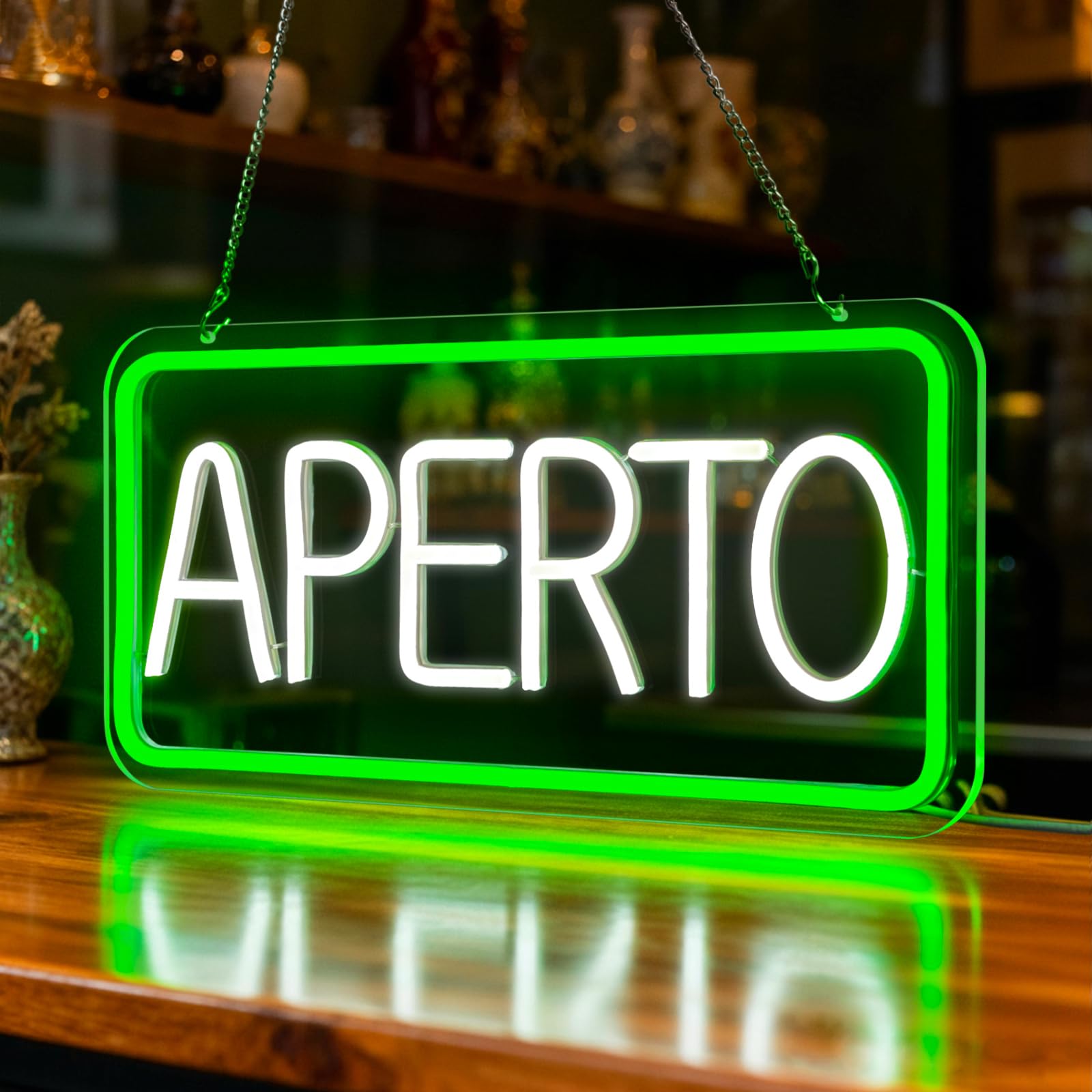 Insegne luminose APERTO, USB Insegna al Neon Aperta per Negozio, Luce al neon a LED verde bianco per Bar, Ristoranti, Supermercato, Caffetteria, Cartello aperto appendere alla porta/finestra