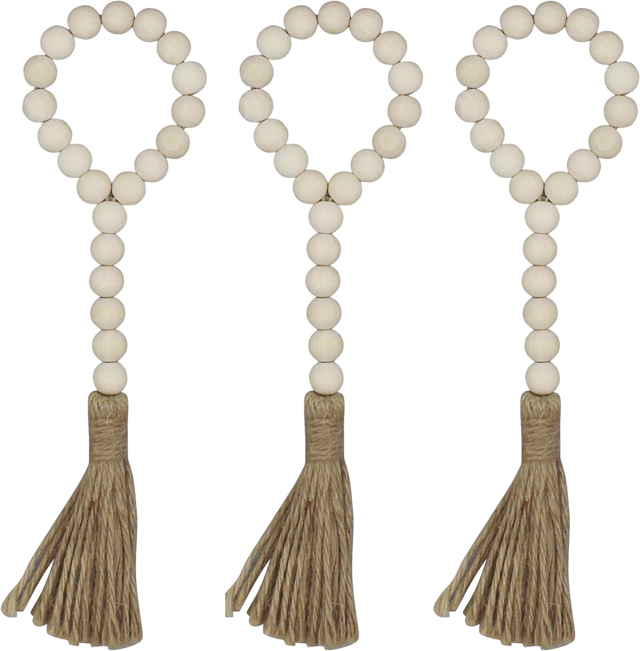 CVHOMEDECO. Wood Beads Garland with Tassels 3 PCS Farmhouse Rustic Wooden Prayer Bead String Wall Hanging Accent for Home Festival Decor. Natural